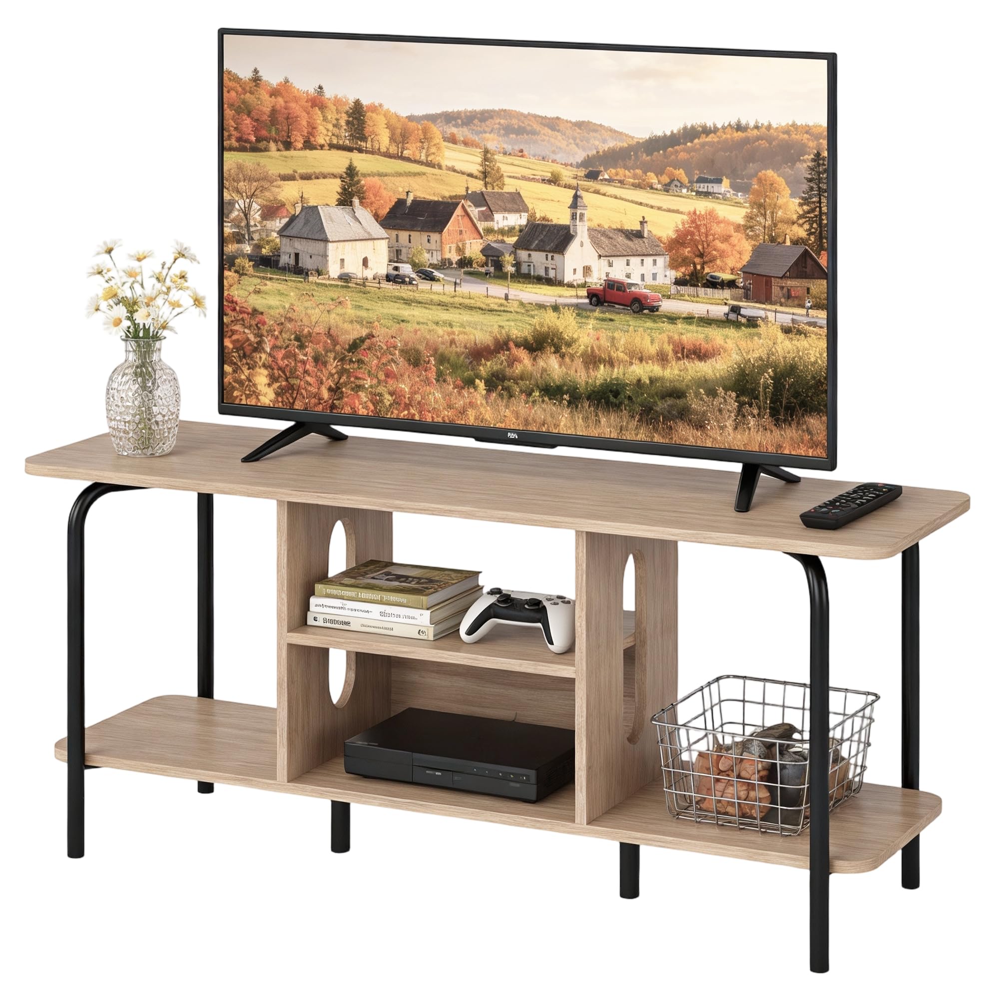 Manora Meuble TV 120 cm de Longueur, Meuble Tele avec 4 Espaces de Rangement Ouverts, Meuble Télé Bois, Structure en Acier Solide，2 Pieds Centraux Réglables, Meuble TV aux Coins Arrondis (Chêne)
