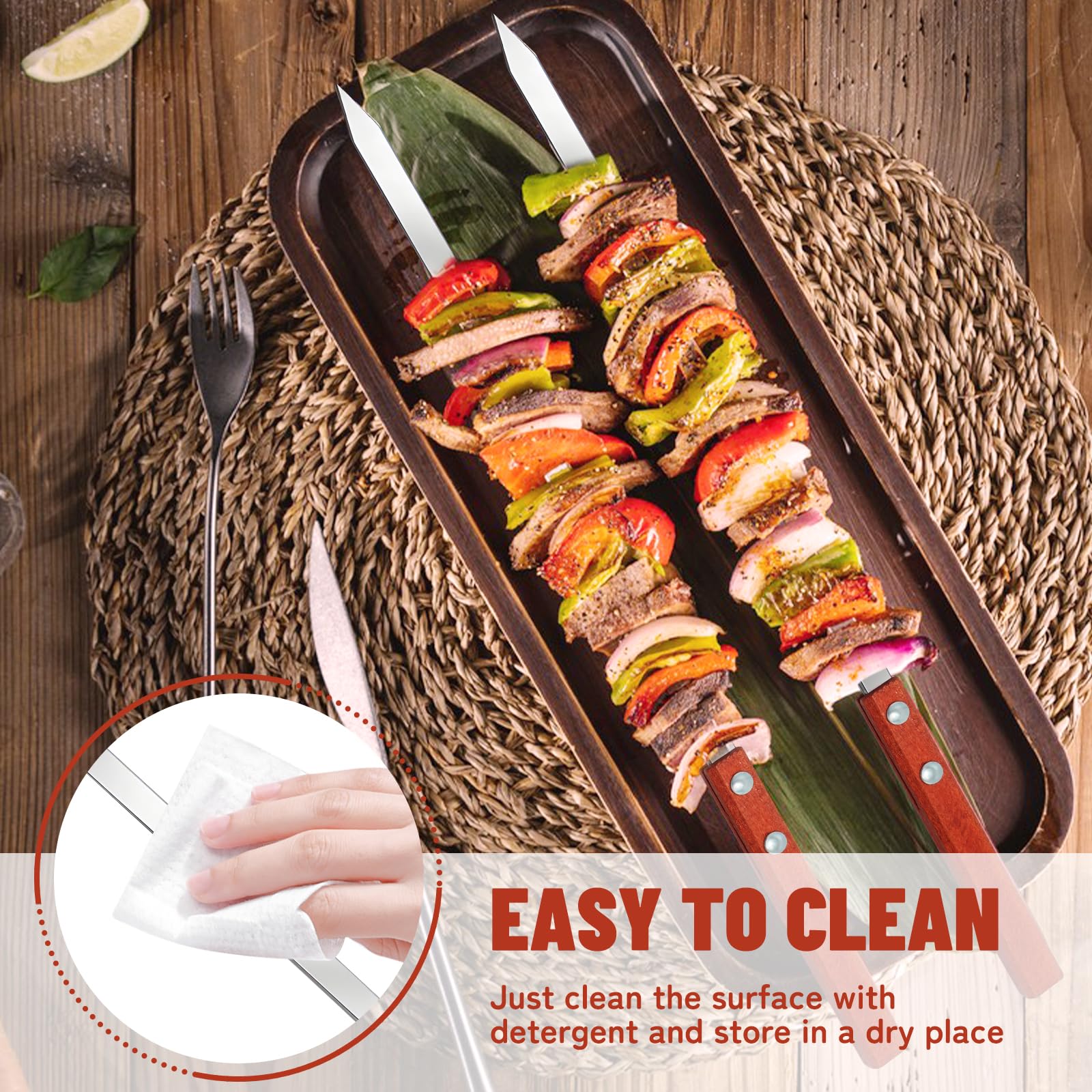 12 Spiedini Per Barbecue In Acciaio Inox 40 Cm Con Manico In Legno | Piatti E Riutilizzabili + 2 Spazzole In Silicone | Set Completo - 4