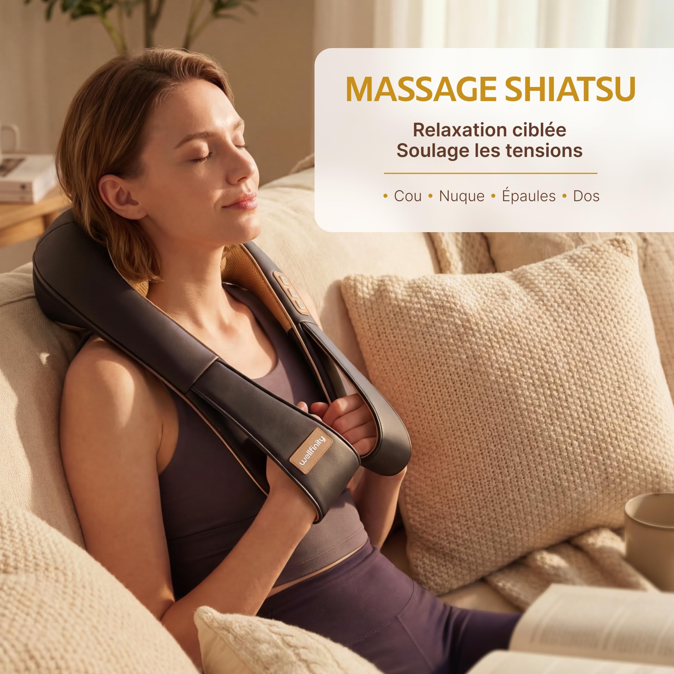 Masseur Dos et Cervicales Shiatsu - Appareil de Massage Électrique Cou et Nuque, Massage Profond pour Soulager les Douleurs et Tensions Musculaires, Usage Maison, Cadeau Femme Homme - Wellfinity
