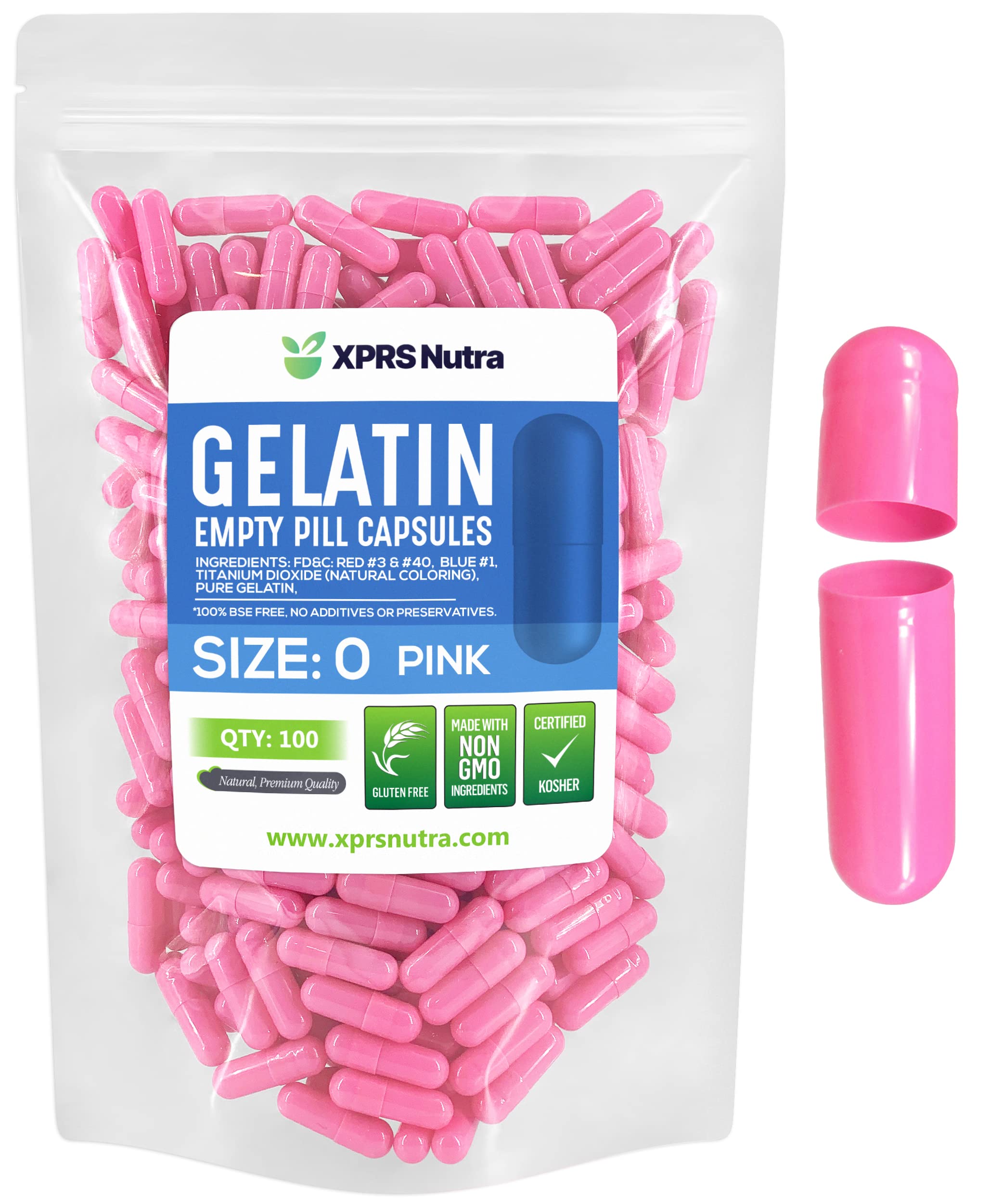 XPRS Nutra Size 0 Empty Capsules - 100 Count Empty Gelatin Capsules - Pills DIY Capsule Filling - Pure Bovine Pill Gel Caps for Do-It-Yourself Supplements (Pink) 100 Count (Pack of 1) Pink