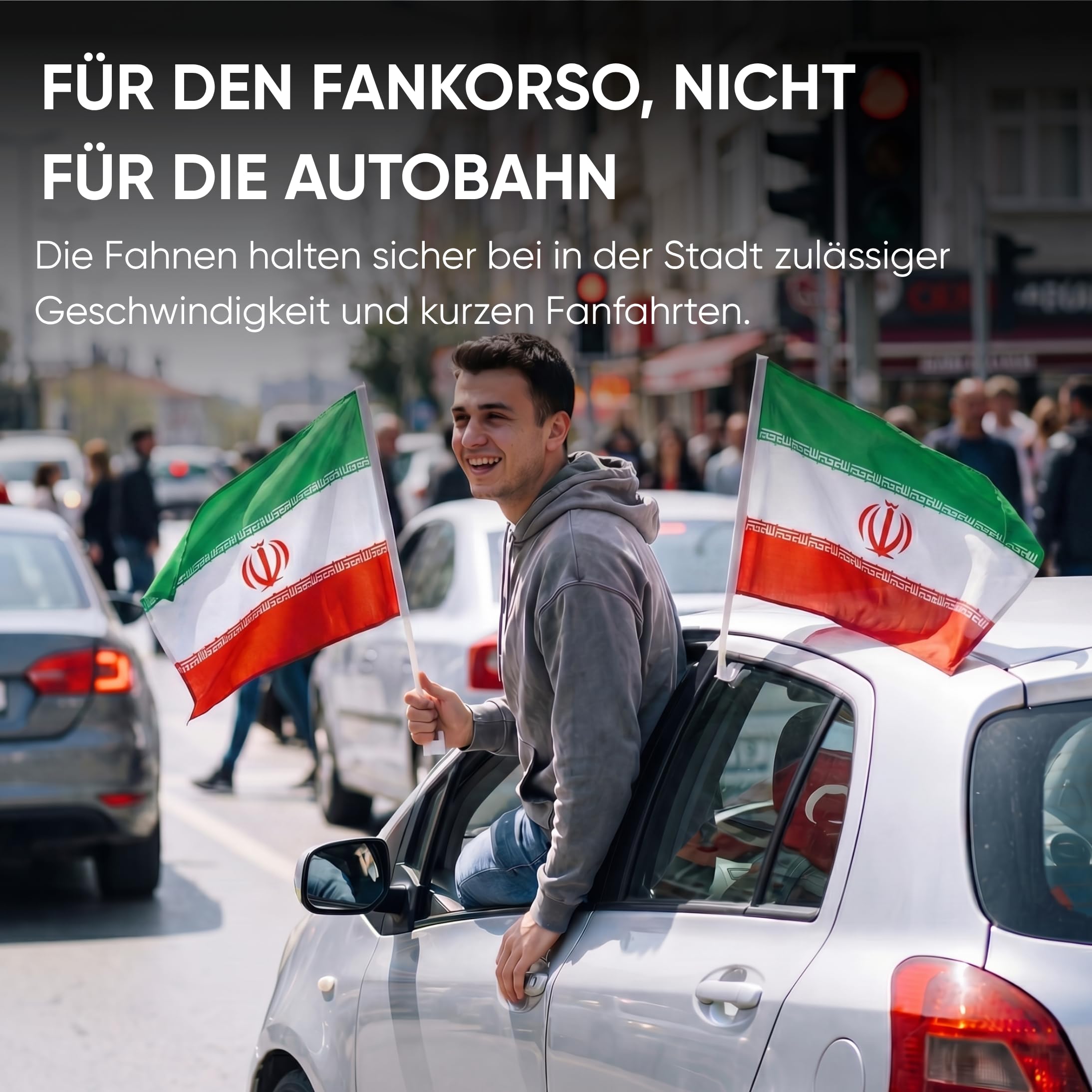 Auto Fahnen Iran Komplett Set - Motorhaubenfahne, 2 Autofahnen Fenster & 2 Außenspiegelfahnen, Fußball Fanartikel FZG für EM & WM, Iranische Flagge Fahrzeug Deko