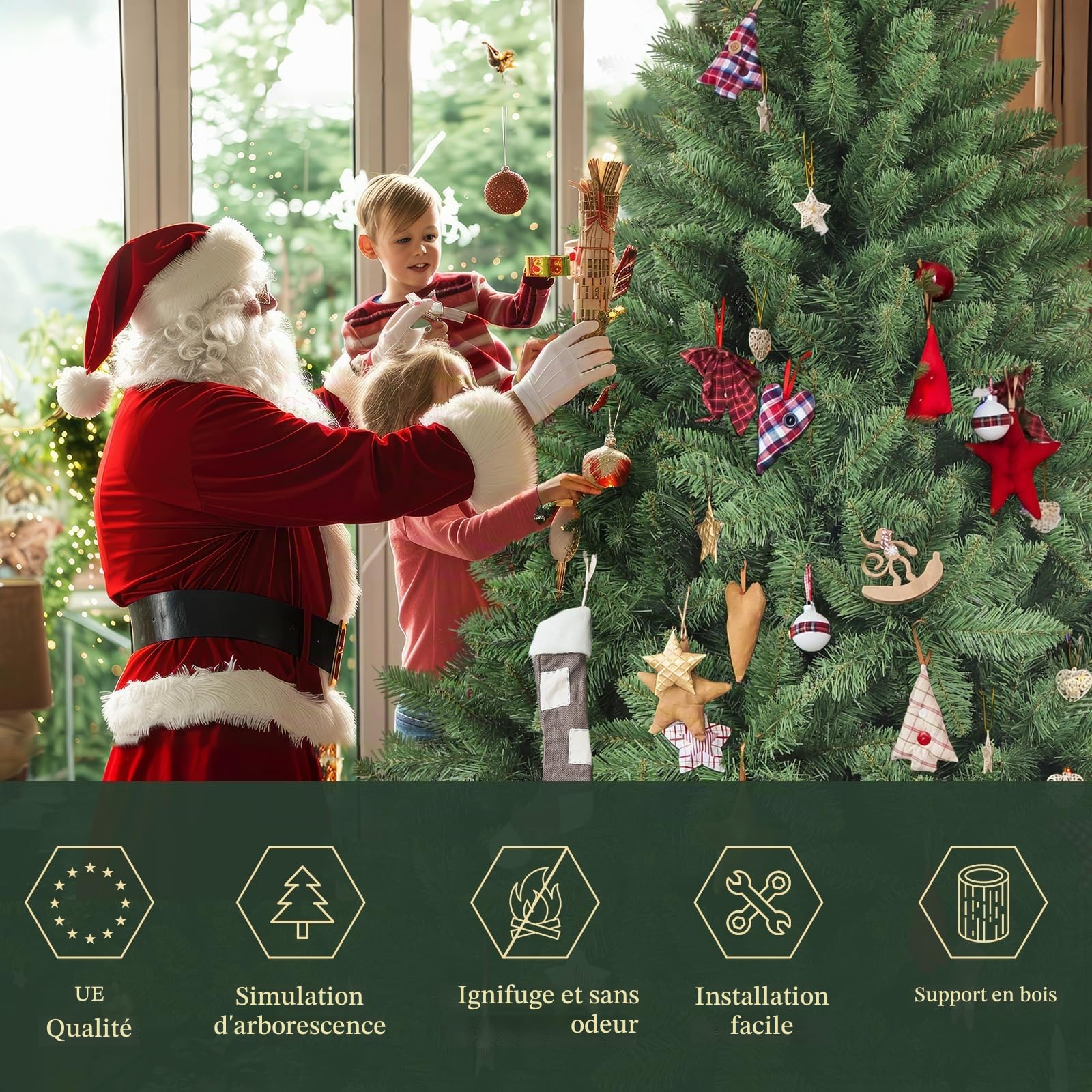 SALCAR Sapin de Noël Artificiel de 150 cm (1,5 m) avec Support en Bois, Sapin Nordmann Vert, diamètre d’env. 106 cm