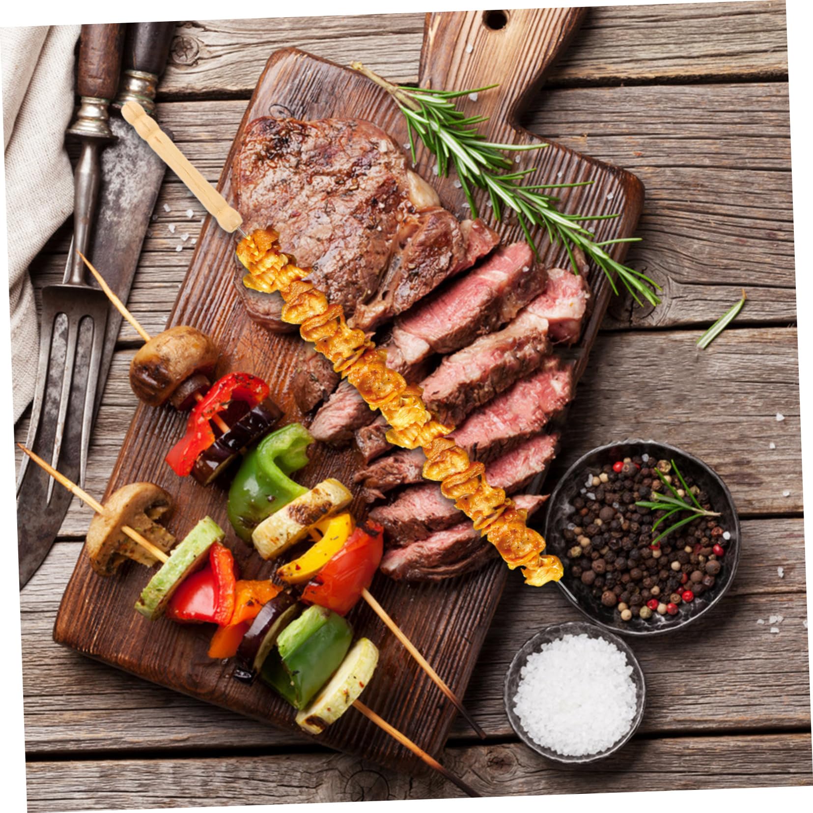 Brochetas de Acero Inoxidable para Asar 50 Piezas con Mango de Madera | Plata, Reutilizables y Resistentes al Óxido, 33cm, Uso en Bbq y Grilling, Forma Redonda