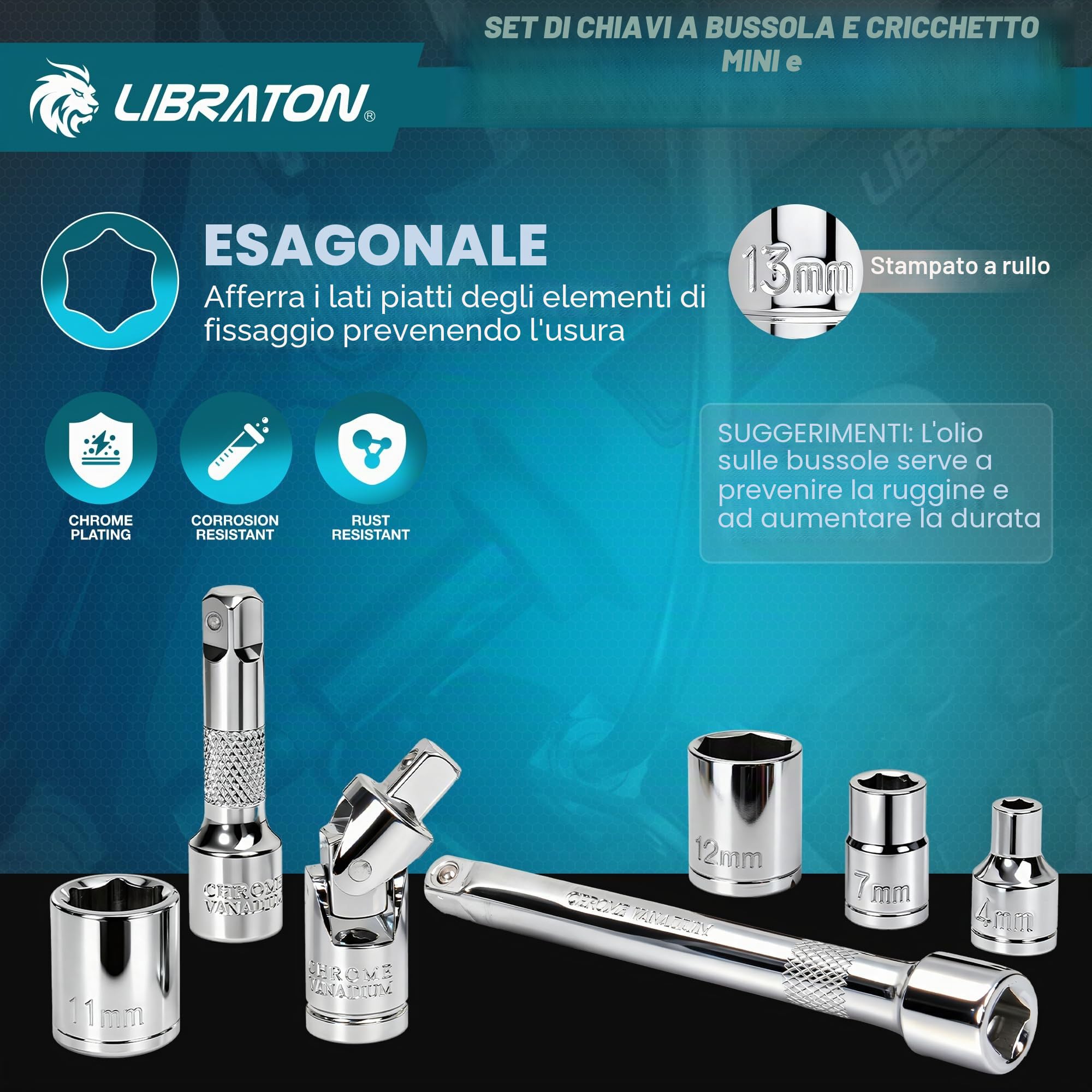 LIBRATON Set di 37 mini chiavi a bussola e cricchetto da 1/4" con punte, prese poco profonde da 4-13 mm, manico magnetico, barre di estensione e giunto universale, con custodia per fai da te