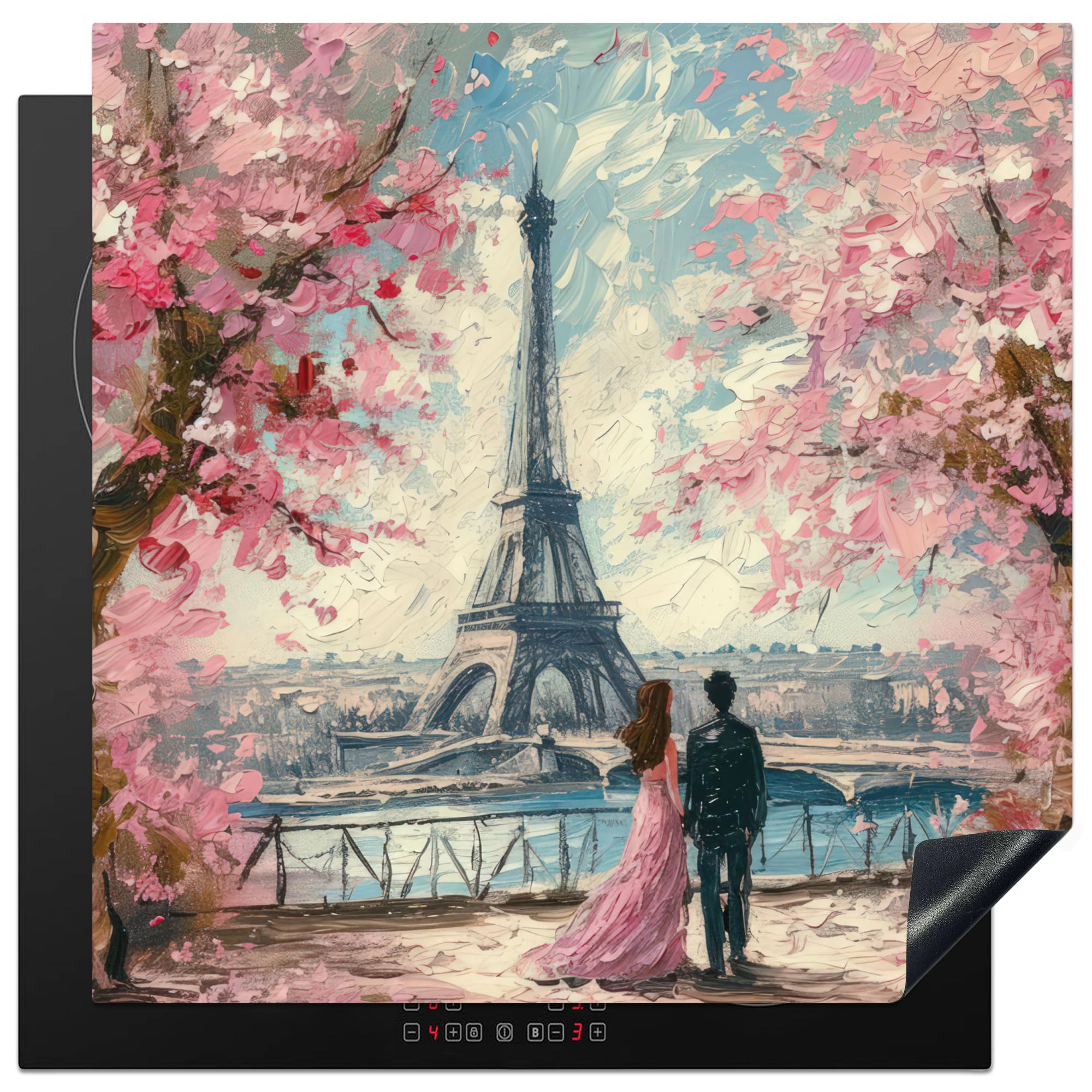 KitchenYeah© Induction Hob Protector Mat 30.7"x30.7" / 78x78 cm Cooker Top Protectors Cover Ceramic Covers Electric Hobs Vinyl Eiffel Tower - Couple - Pink - Romantic - Trees - Paris