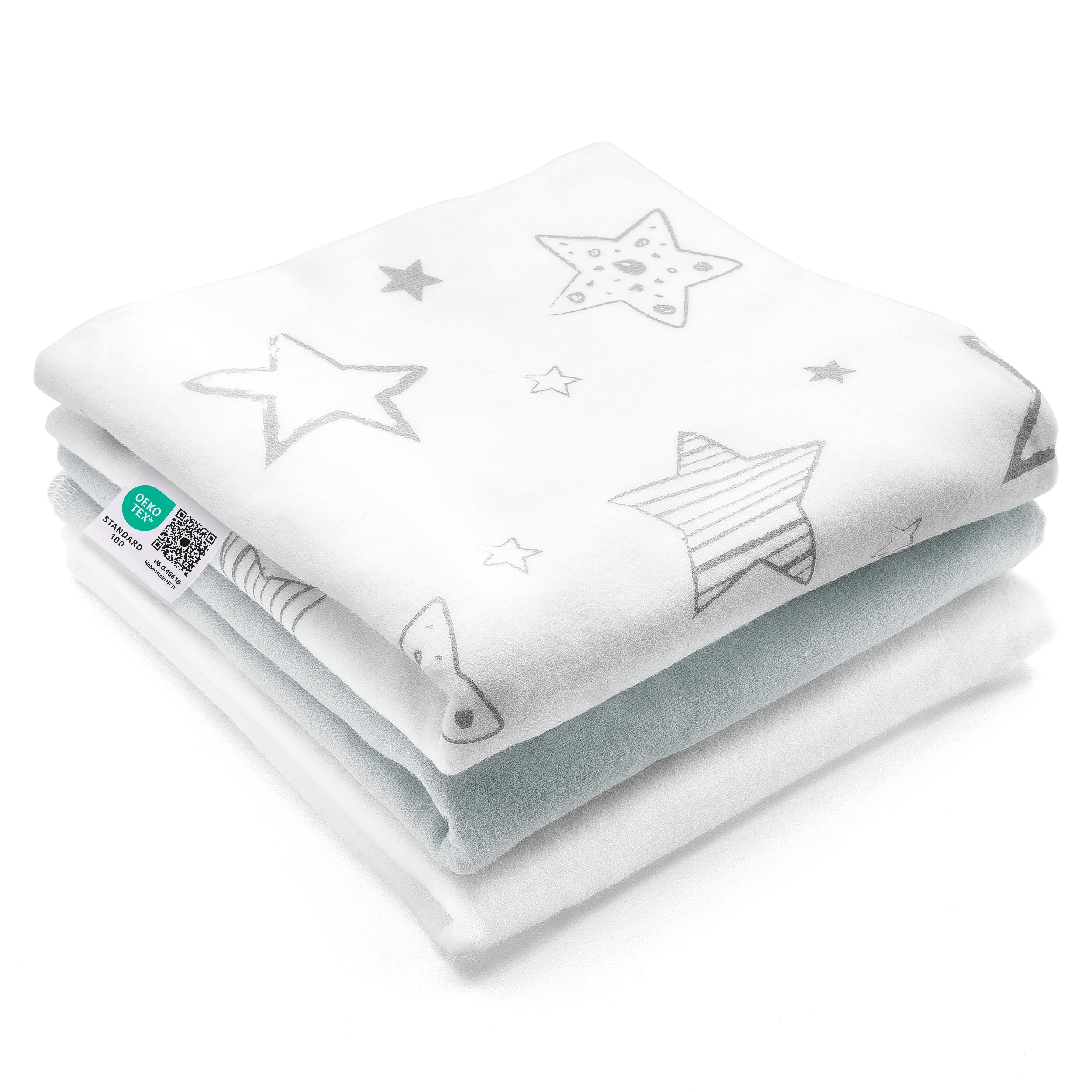 MAKIAN Moltontücher Stoffwindeln Sterne - 3er Pack, 80x80 cm - weiche Baby Spucktücher aus 100% Baumwolle - Schadstoffgeprüft, Öko Tex Standard 100 - Weiß Grau