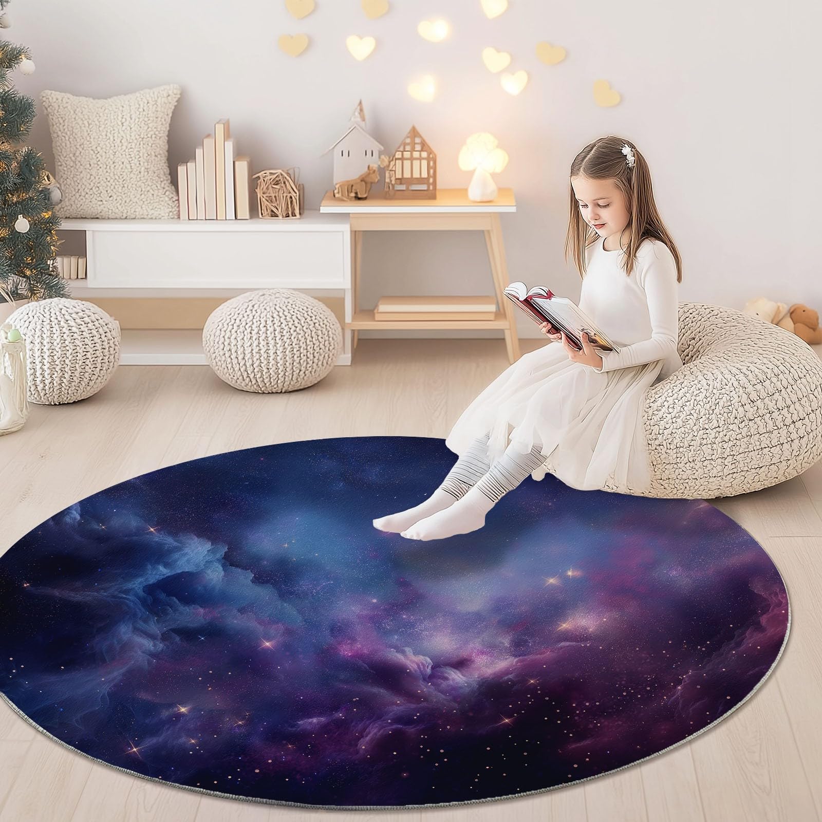 Genérico Alfombra Redonda para habitación Infantil Patrón del Universo Galáctico, Estilo Natural Alfombra Antideslizante Suave y esponjosa para Sala de Estar, Dormitorio, Comedor, 120 cm, Azul Morado