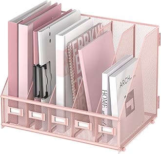 SUPEASY Desk Organizers Metal Desk Magazine File Holder with 5 Vertical Compartments Rack File Organizer for Office Desktop, Home Workspace, Pink