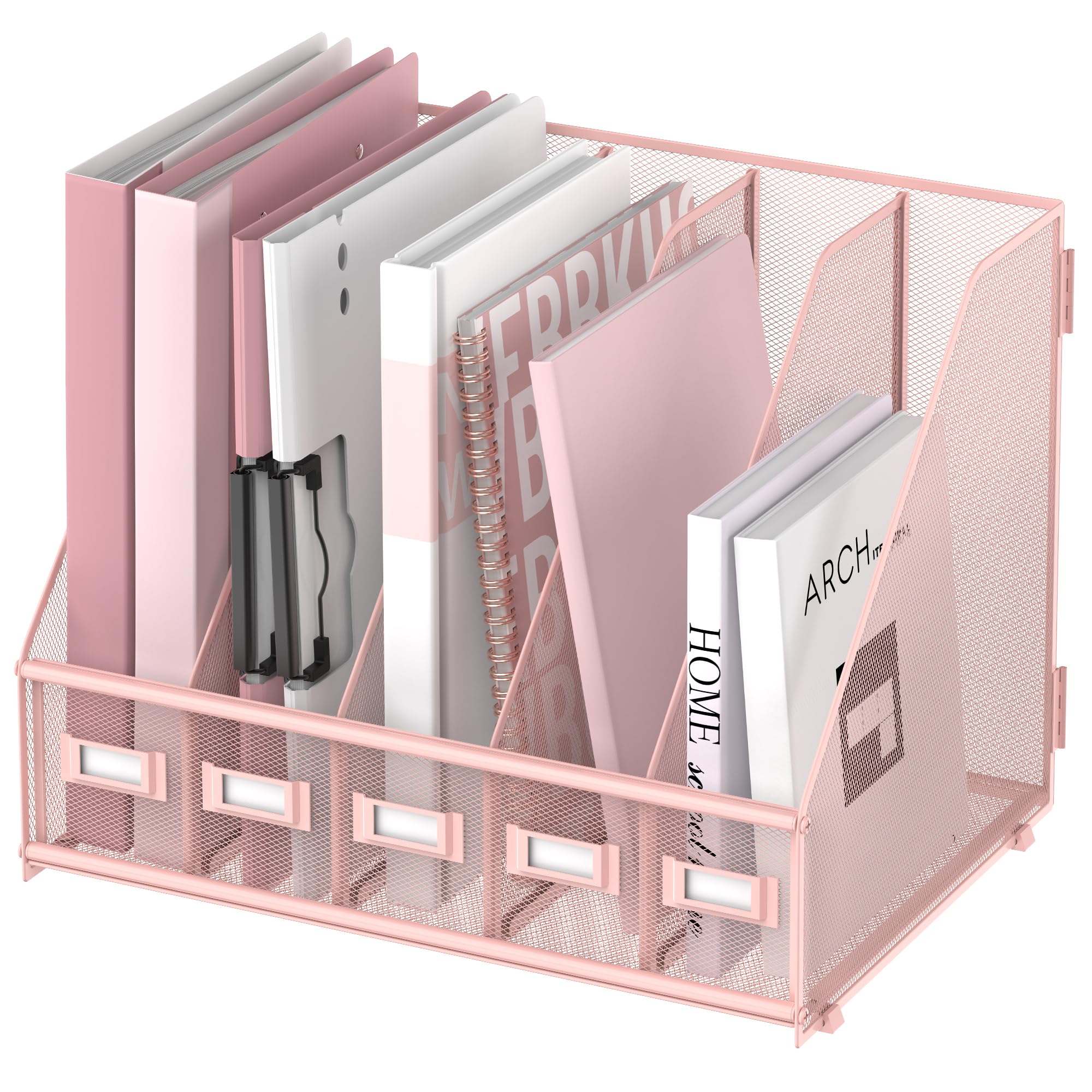 SUPEASY Desk Organizers Metal Desk Magazine File Holder with 5 Vertical Compartments Rack File Organizer for Office Desktop, Home Workspace, Pink