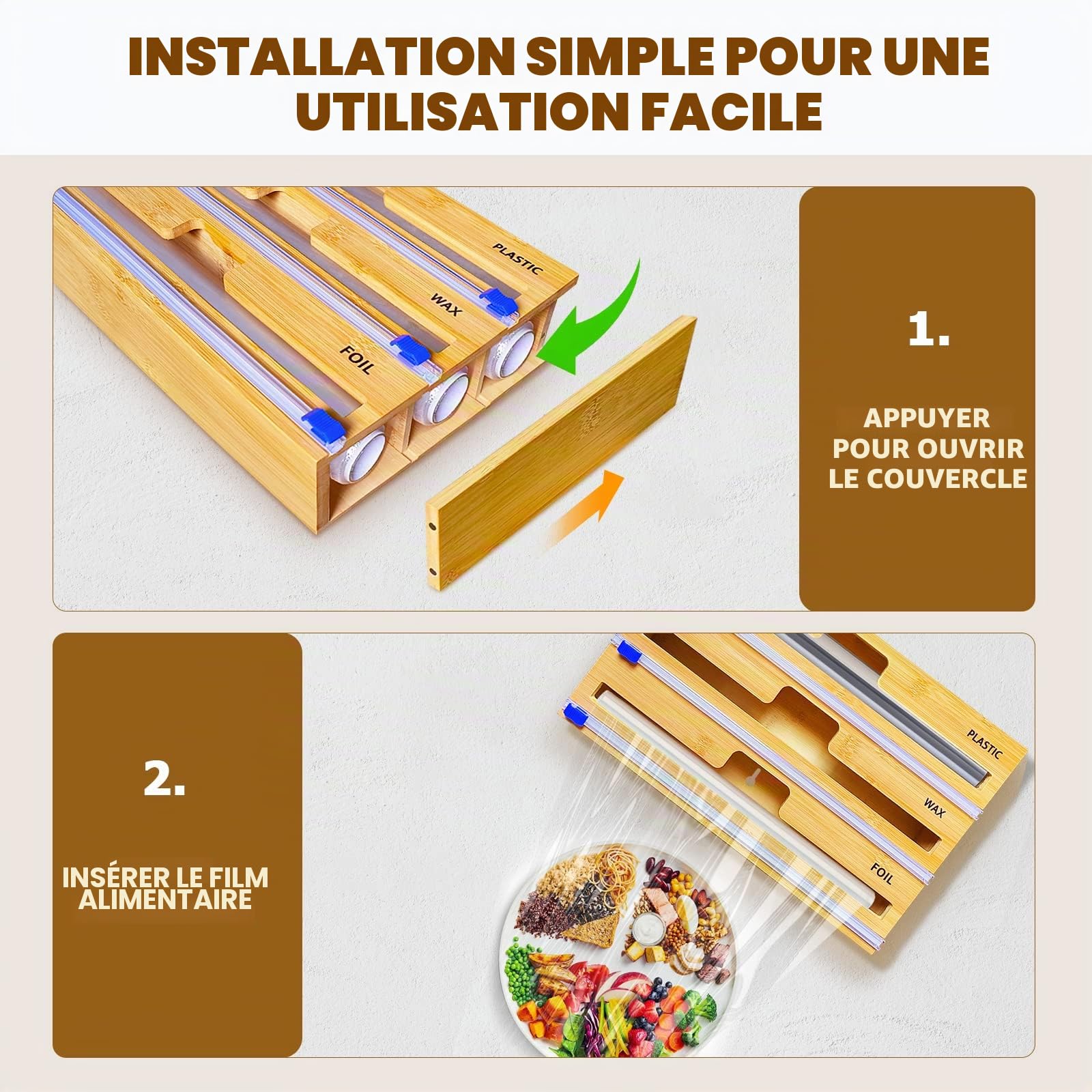 Distributeur Film Alimentaire, Distributeur Papier Aluminium en 100% Bambou – Distributeur D'Organisateur d'emballage en Papier Parchemin en Aluminium pour Tiroir De Cuisine (3 en 1)