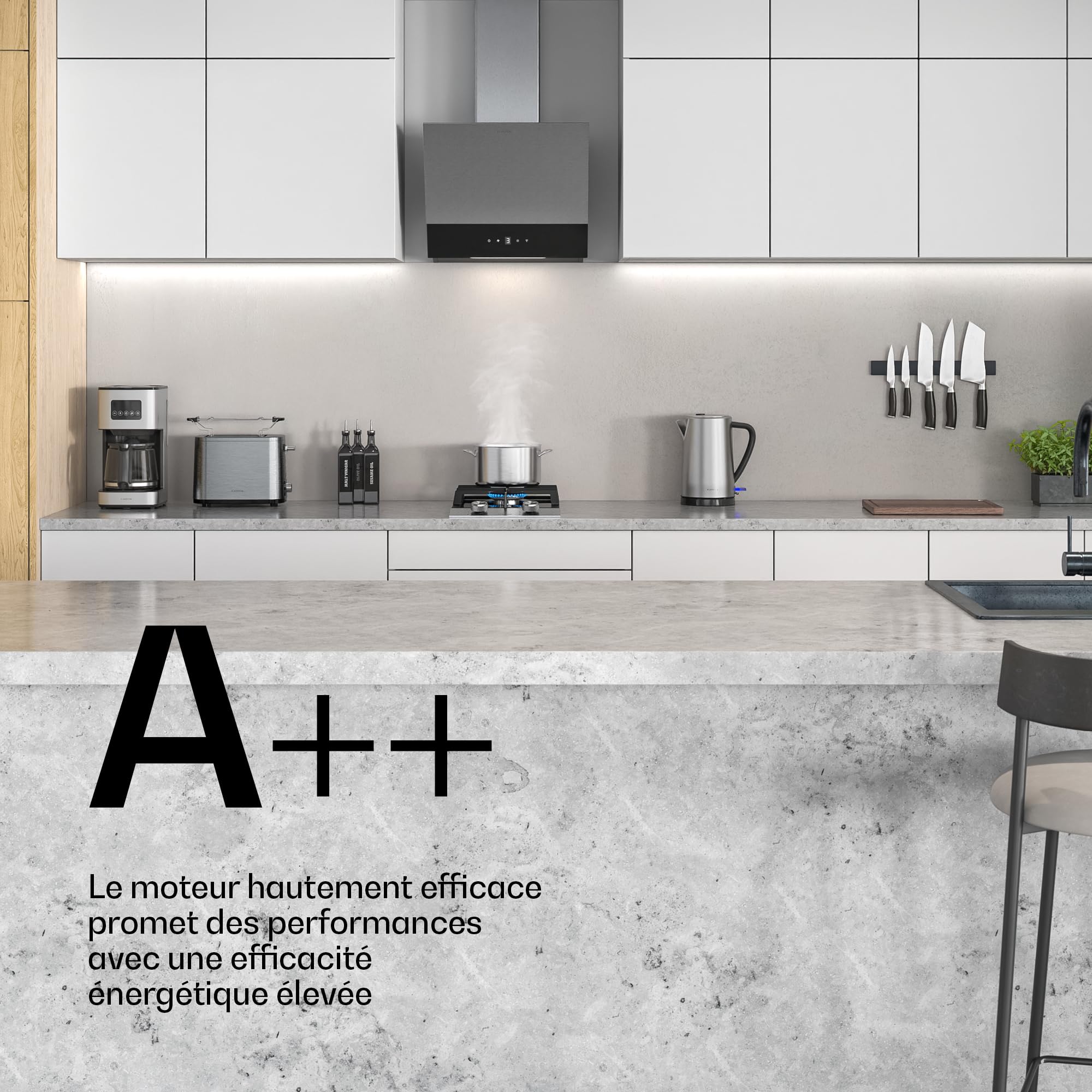 Klarstein Verosteel Hotte Aspirante 45 cm - Hotte Décorative, 624 m³/h, A++, Commandes Tactiles, LED, Filtre Charbon, Inox & Verre Noir, Silencieuse, Cuisine Moderne