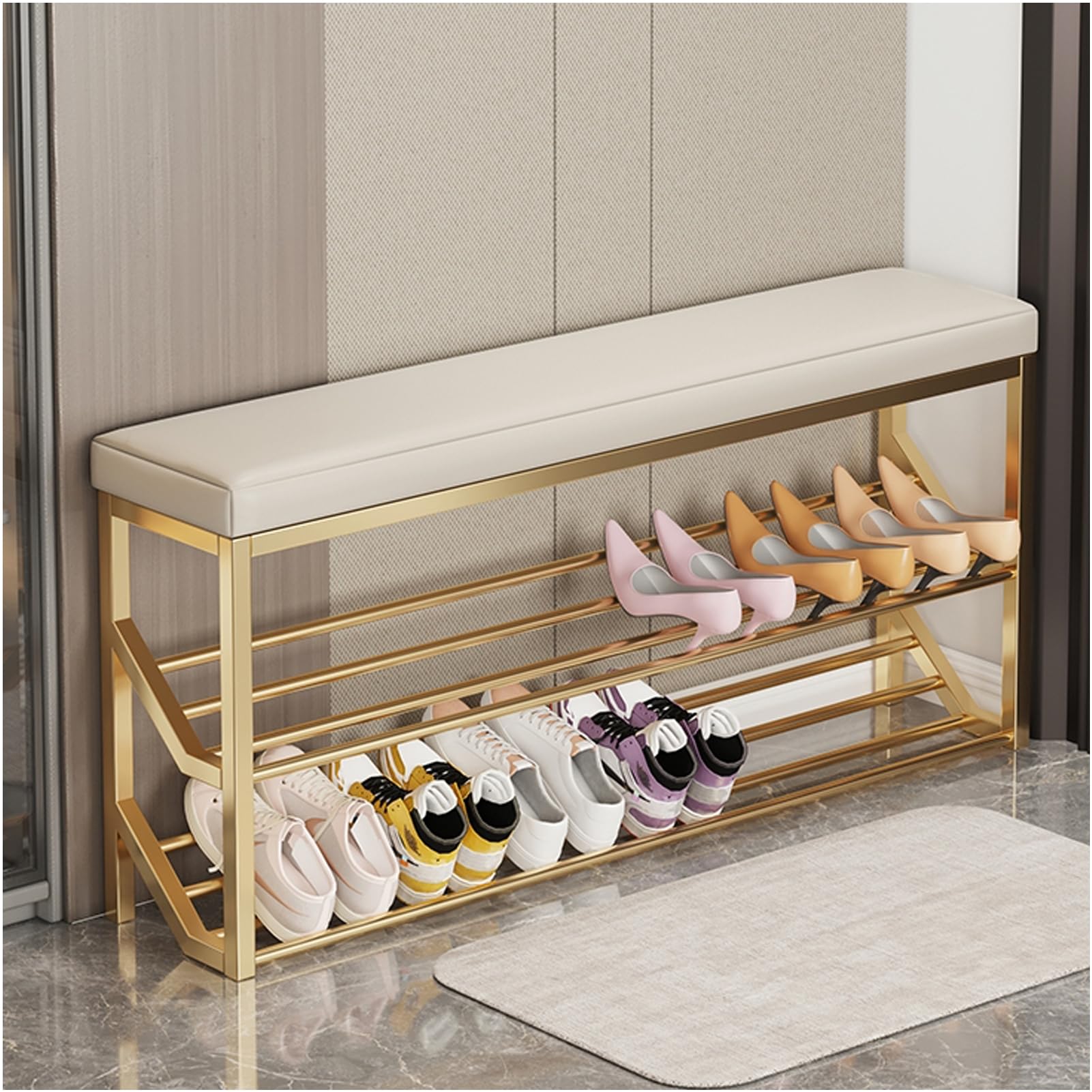 Scarpiera moderna bianca con gambe in metallo dorato, mobiletto portaoggetti con ante color oro, 75*37*105CM. | Leroy Merlin