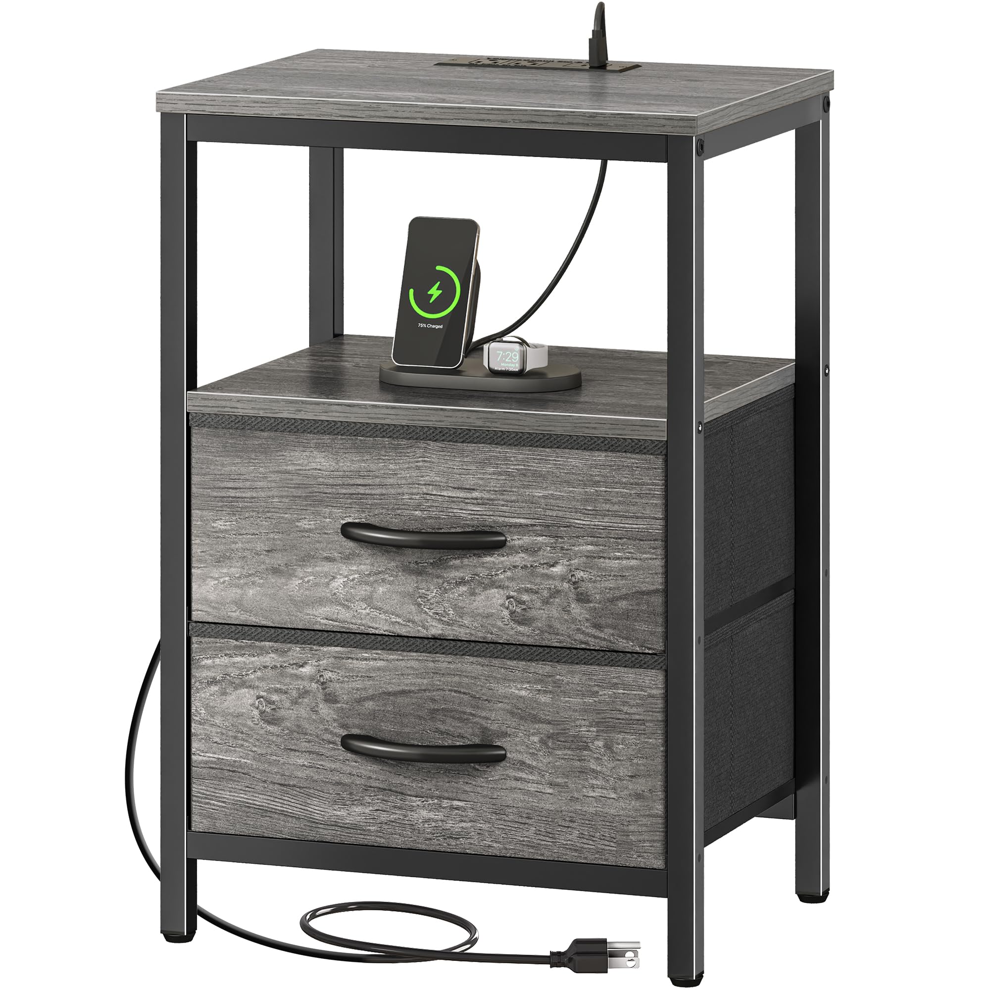 Huuger Nightstand with Charging Station, Fabric Drawers, End Table with Open Shelf, Bedside Table with USB Ports and Outlets, Night Stand for Bedroom,