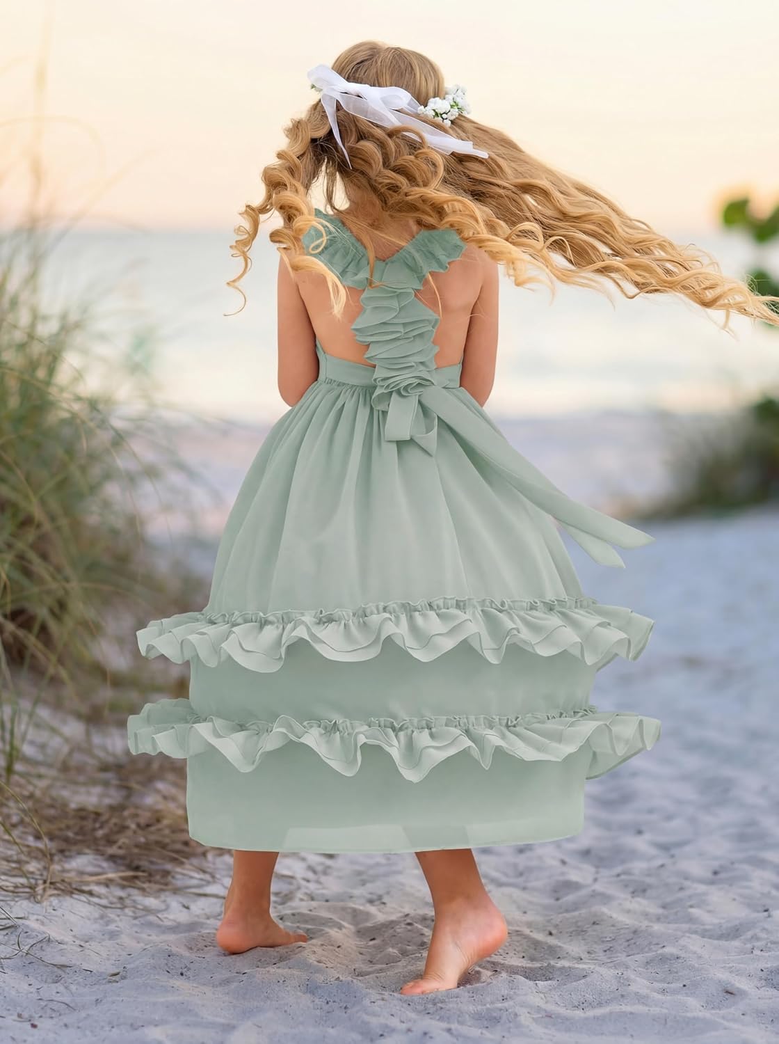 Boho Flower Girl Dress Chiffon Ruffle Backless Toddler Girls Dress for Beach Wedding Photoshoot