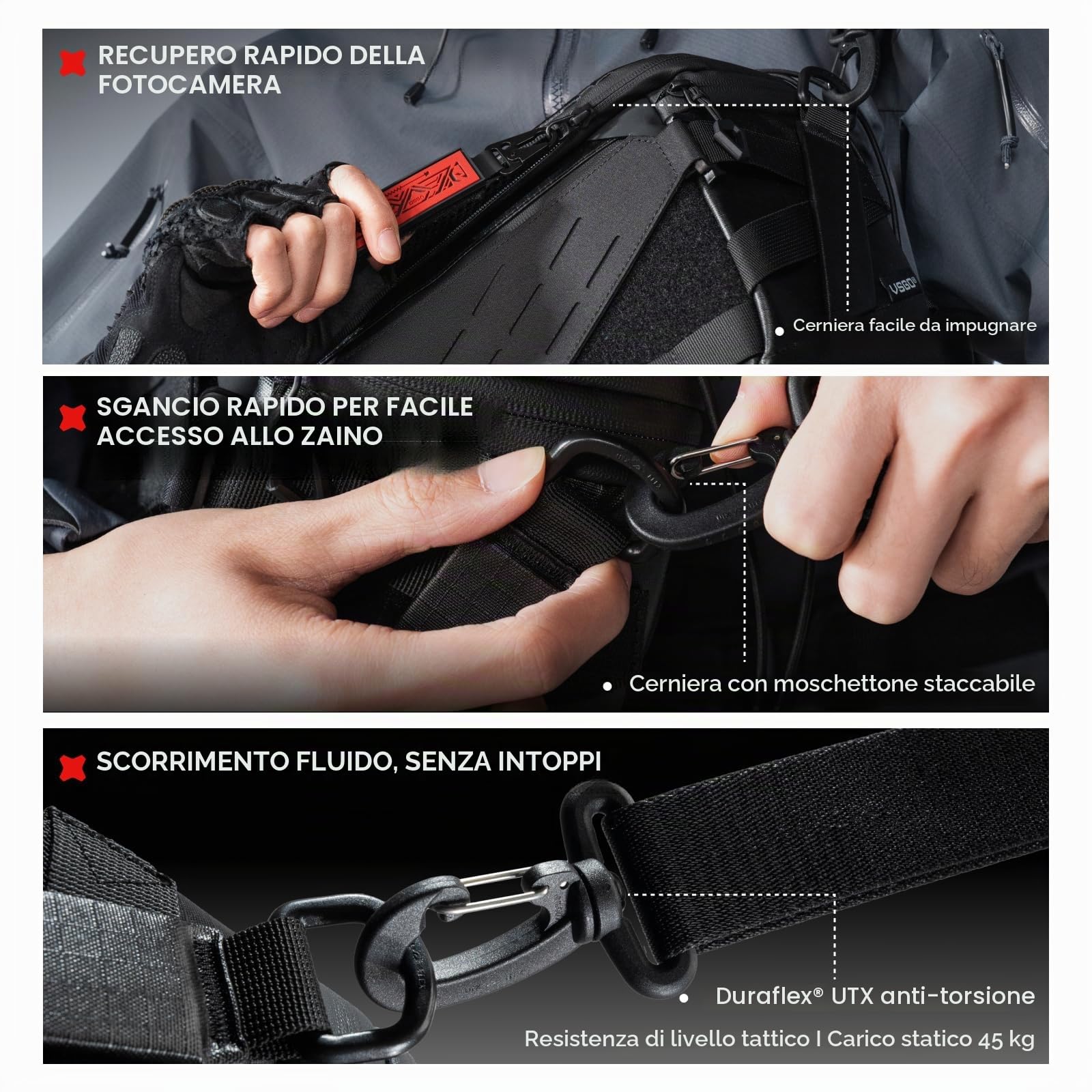 VSGO Black Snipe Pro 7-9L Borsa a Tracolla Espandibile per Fotocamera, con tessuto impermeabile, divisori modulari, sistema antitorsione e supporto per treppiede, leggera e professionale.