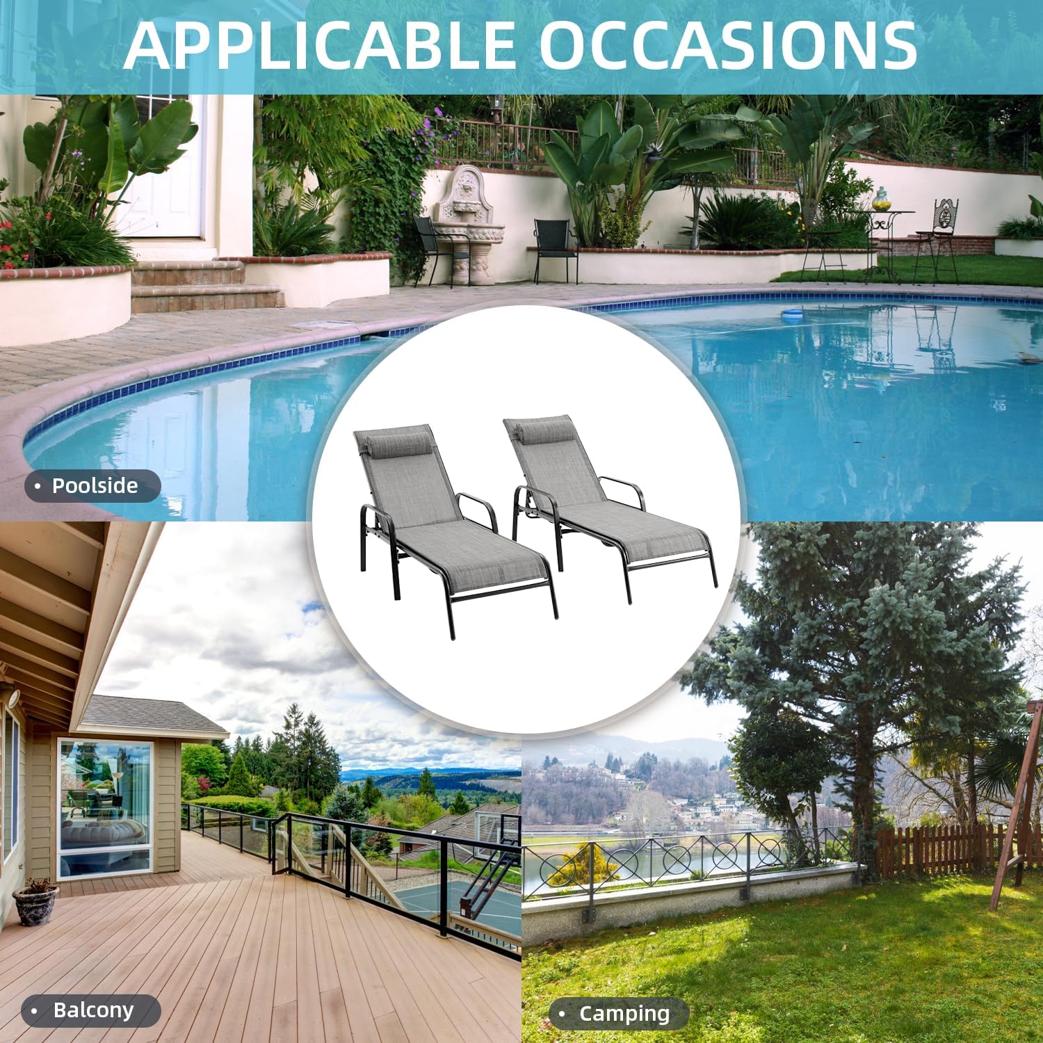 EROMMY Patio Chaise Lounge, Set of 2 Outdoor Lounge Chair (Grey)