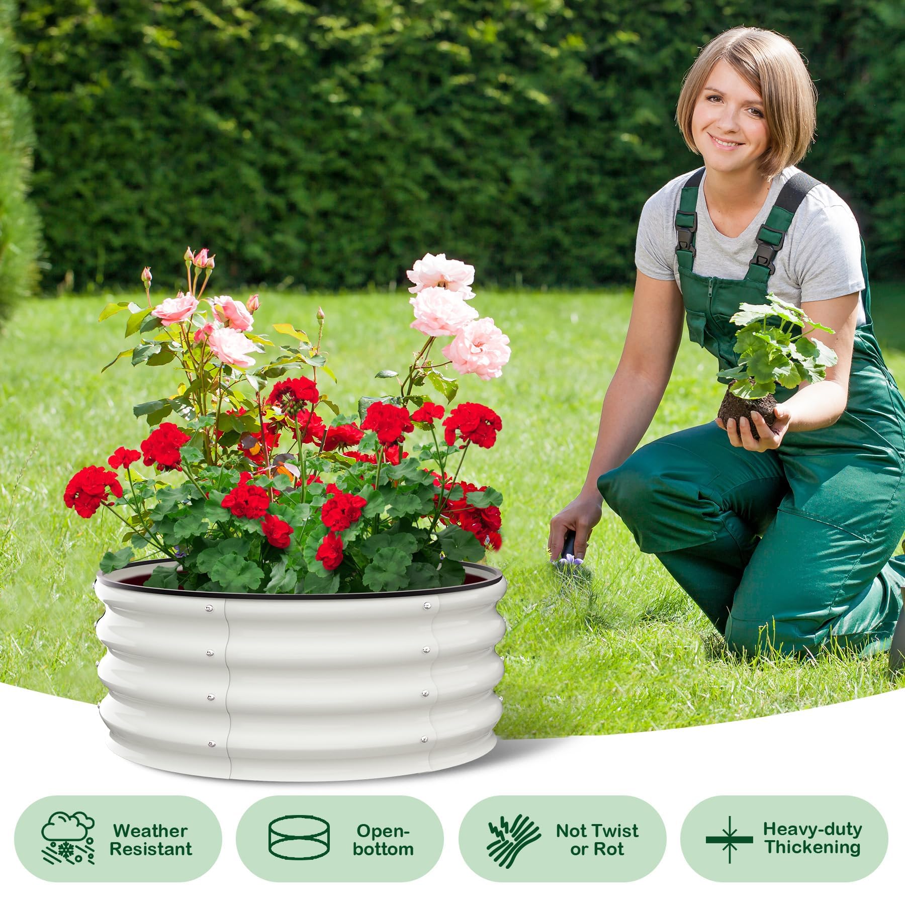 Garvee Set di 2 Letti per Orto Rialzati Tondi in Acciaio Zincato, Ø60 x 30 cm Fioriere da Esterno con Fondo Aperto e Bordo di Sicurezza in Gomma, Letto da Giardino Compatto per Erbe e Fiori, Avorio