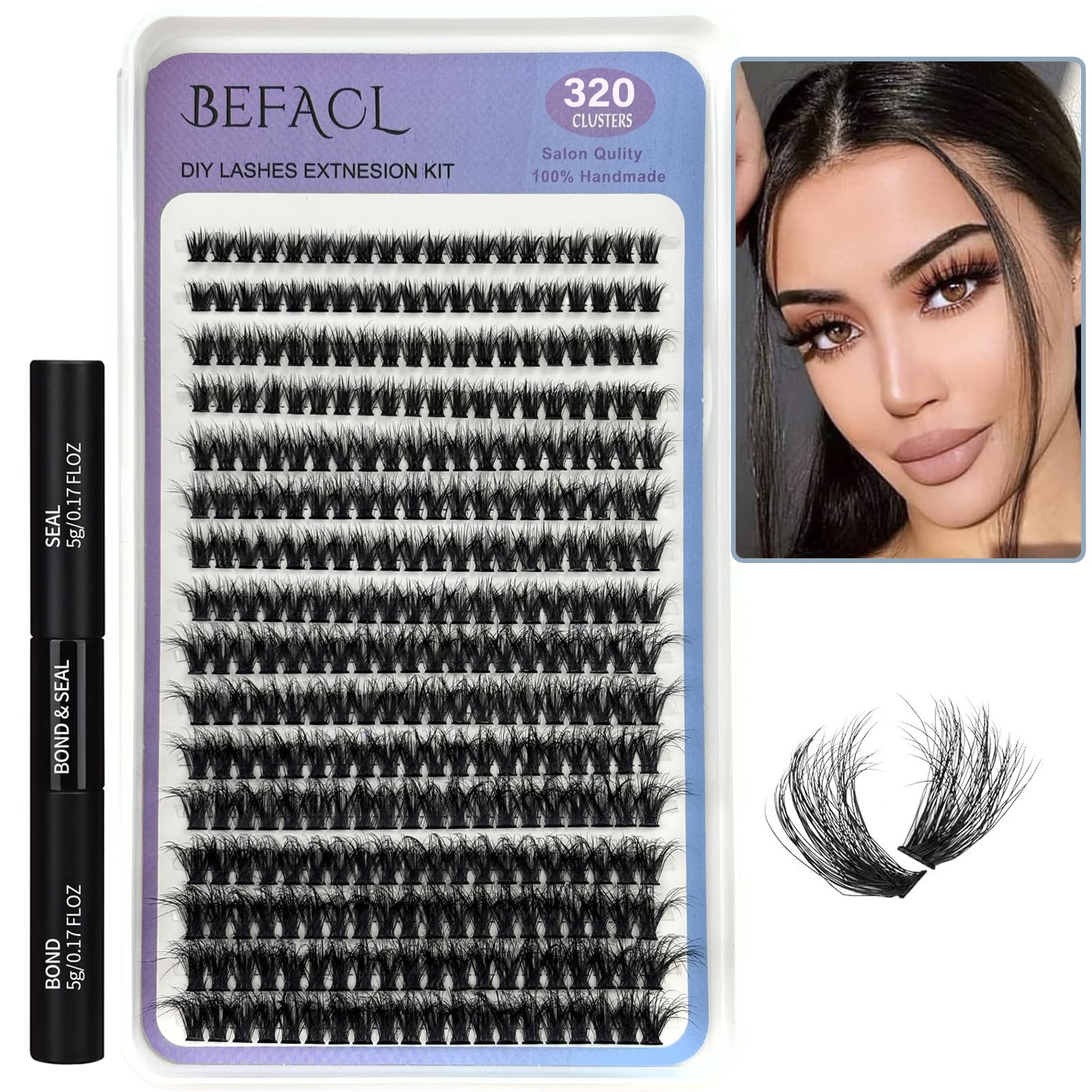 Fluffy Lash Clusters Kit Thick Eyelash Extension Kit 320Pcs 60D Lash Extension Kit with Lash Bond and Seal 8-16mm D Curl Wispy Individual Eyelashes Cluster by BEFACL