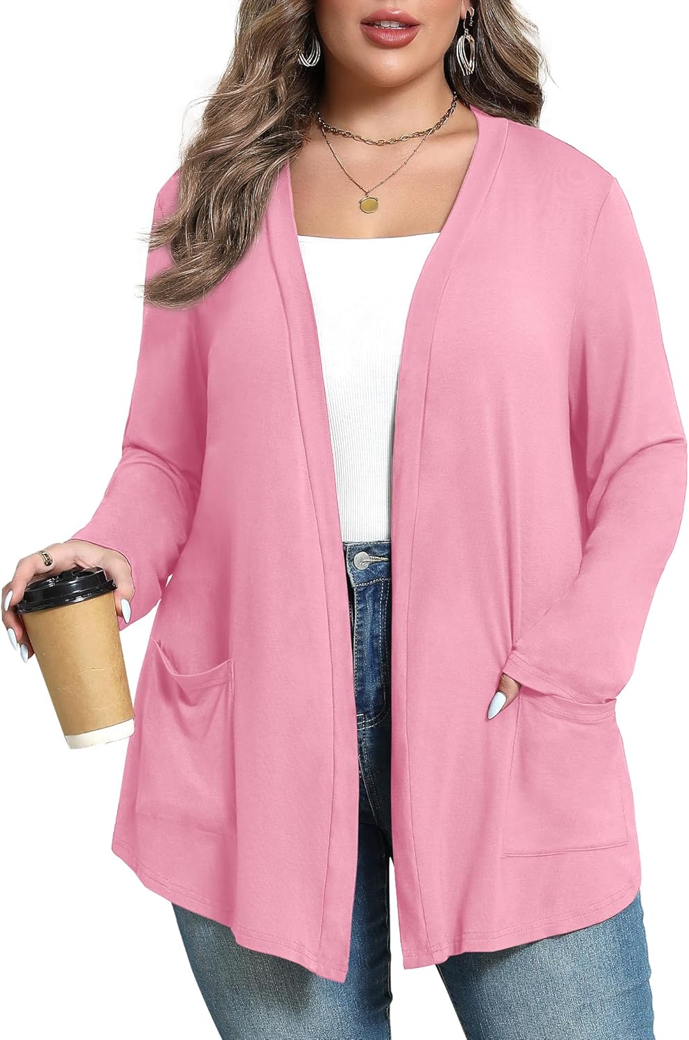 Women's Oversize Cardigans Lightweight Fall Long Sleeve Plus Size Flowy Open Front Shrugs with Pockets