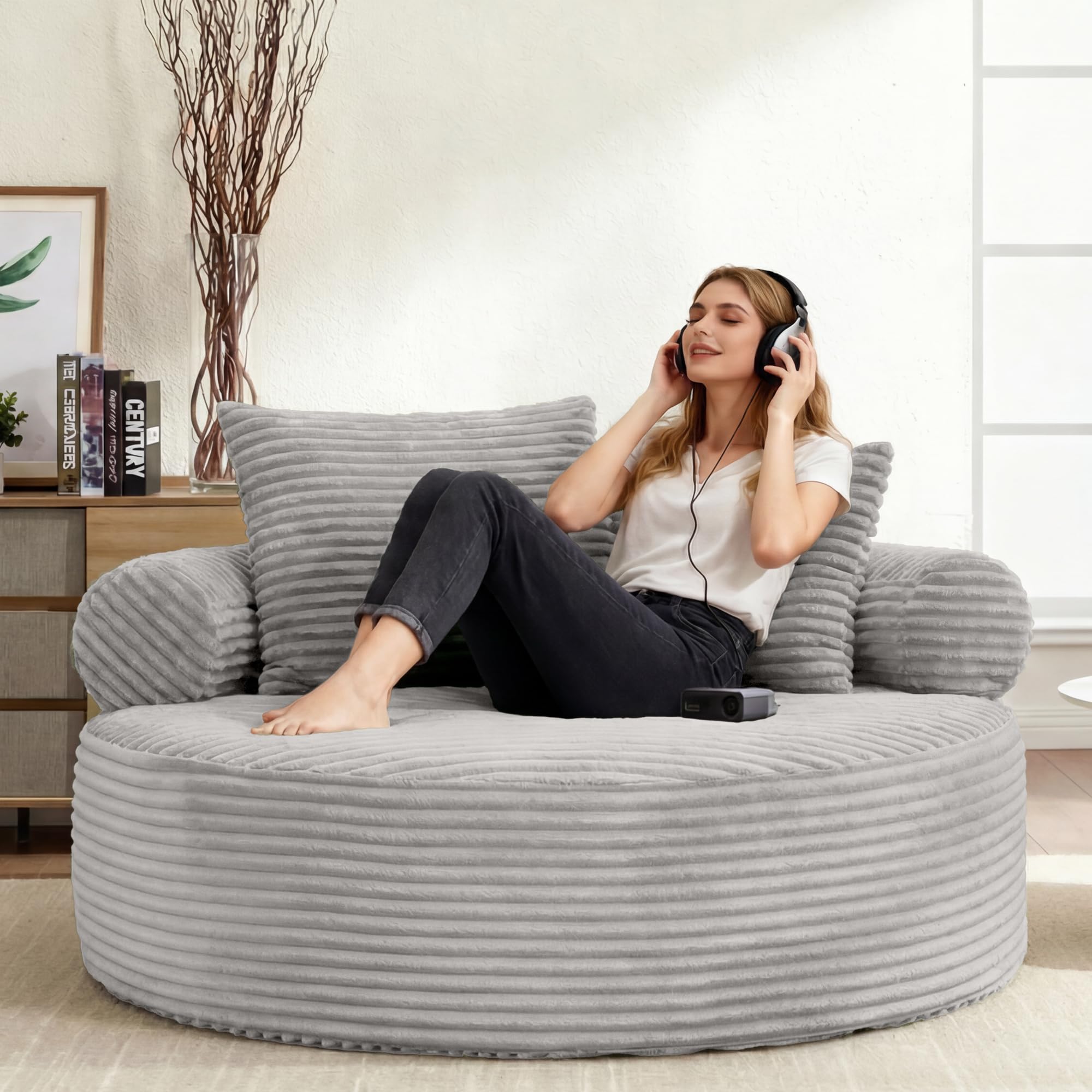 Oversized Round Chair Lounge Chaise Indoor, 55.5" Upholstered Corduroy Deep Seat Single Cloud Sofa Chair, Fluffy Modern Large Circle Boneless Sleeper Sofa for Living Room, Bedroom, Light Grey