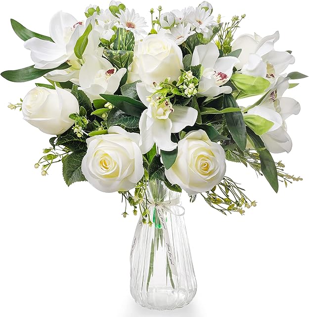 Love Bloom Fake Artificial Flowers with Vase - Fully Bloom Flower Bouquet with Silk Roses and Orchids in a Clear Vase with Satin Ribbon - For Wedding, Home Decor, Office, Table Centrepiece & Party