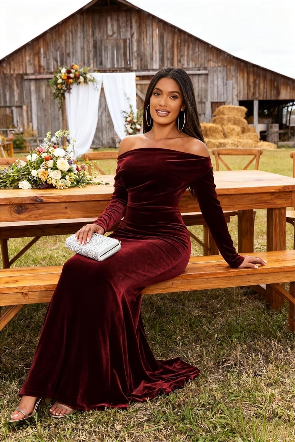 Velvet Long Sleeve Dress for Women Off The Shoulder Winter Formal Wedding Guest Dress - Image 3