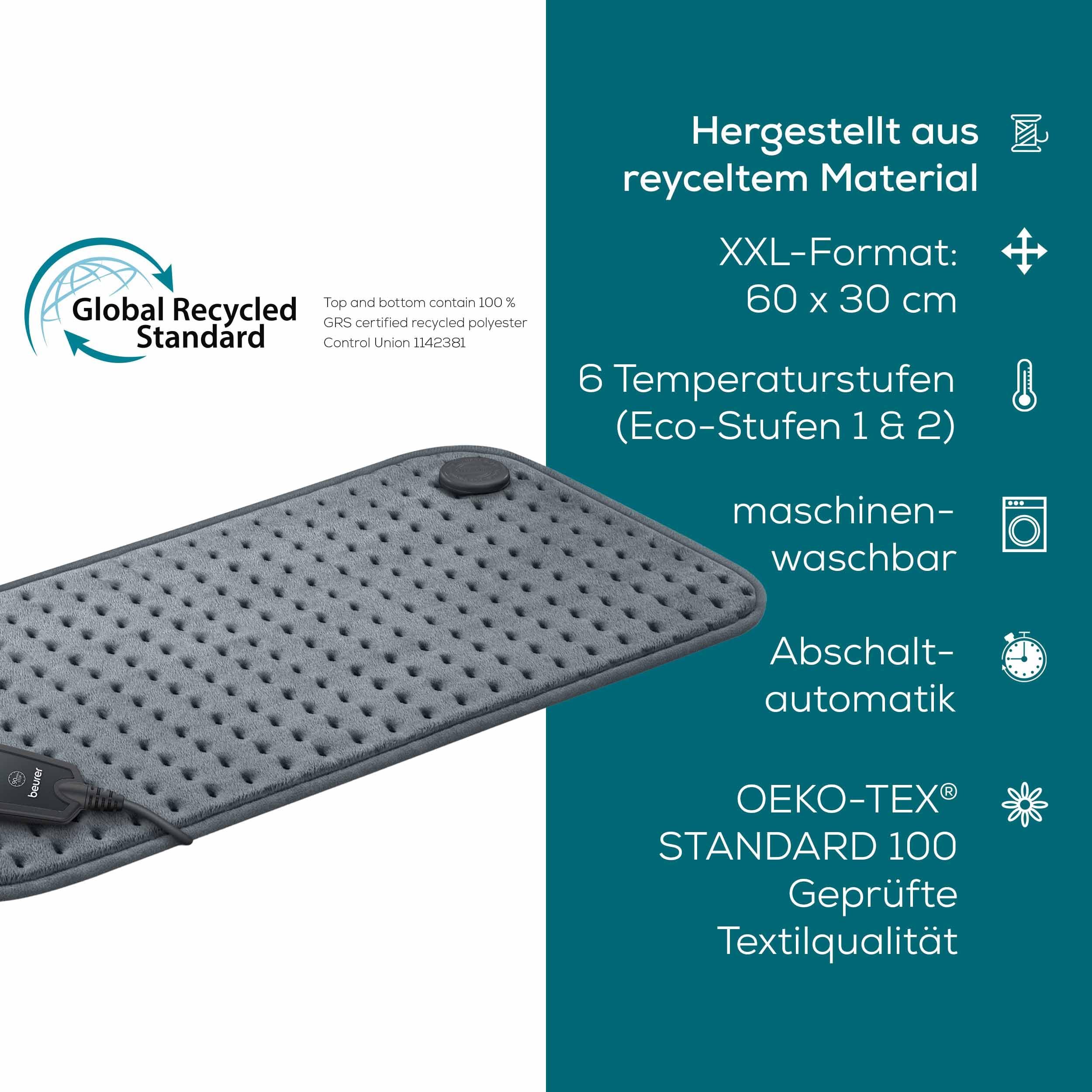 Beurer HK 123 Heizkissen, Made in Europe, Ober- und Unterseite aus 100% recyceltem Material, kuschelig weich, 60 x 30 cm, 6 Temperaturstufen und Abschaltautomatik, maschinenwaschbar, grau