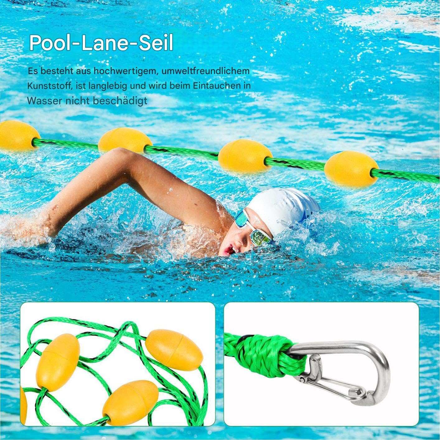 Pool Safety Rope - 5m Pool Seil mit Schwimmern zum Teilen des Pools - Bahnleinen Mit Edelstahlhaken Gute Sichtbarkeit Schwimmausrüstung Mit Bojen Für Kinder