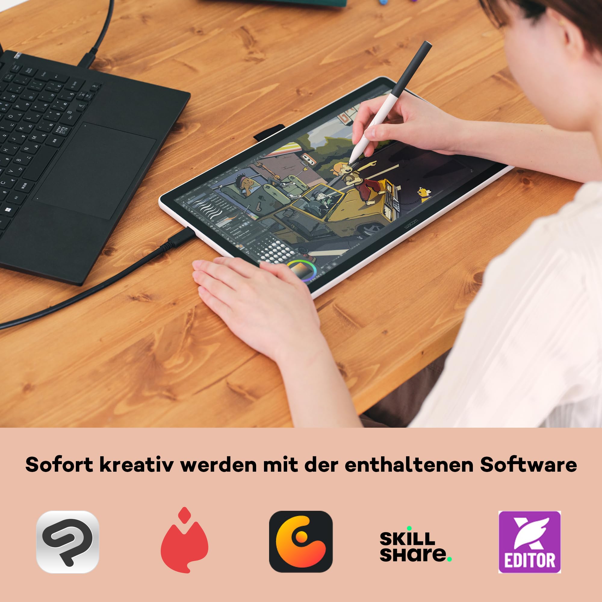 Wacom One 14 Grafiktablett mit Display – 14,0″ Full HD Zeichentablett mit Stift ohne Batterie, entspiegeltem Bildschirm, Software-Bundle – kompatibel mit Windows, macOS & ChromeOS