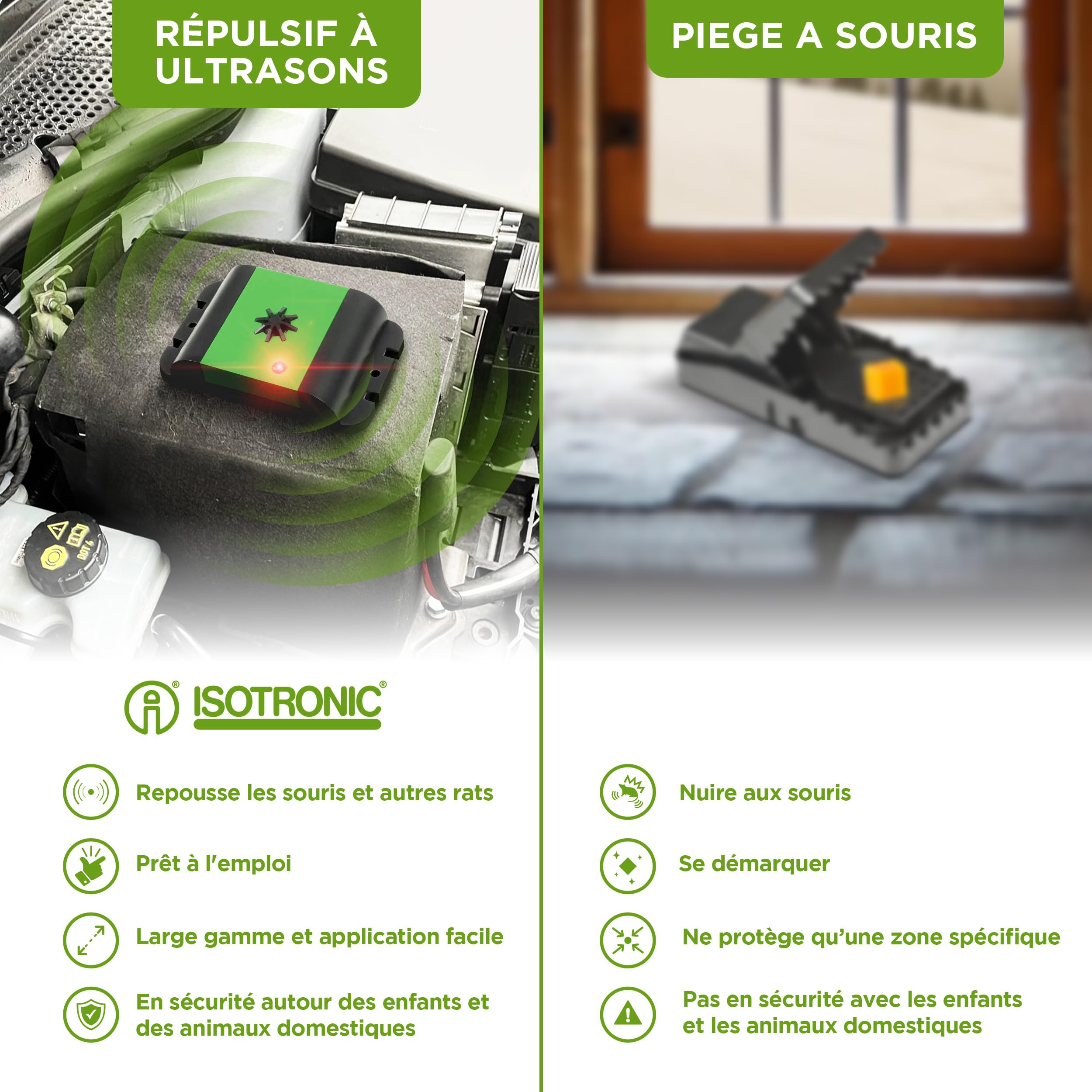 ISOTRONIC Répulsif Contre Les Martres, Souris et Les Rats pour Protection Voiture, Grenier et Cave - Répulsif chassant Contre martre à Ultrason sans piège - Installation Facile et Effet Durable