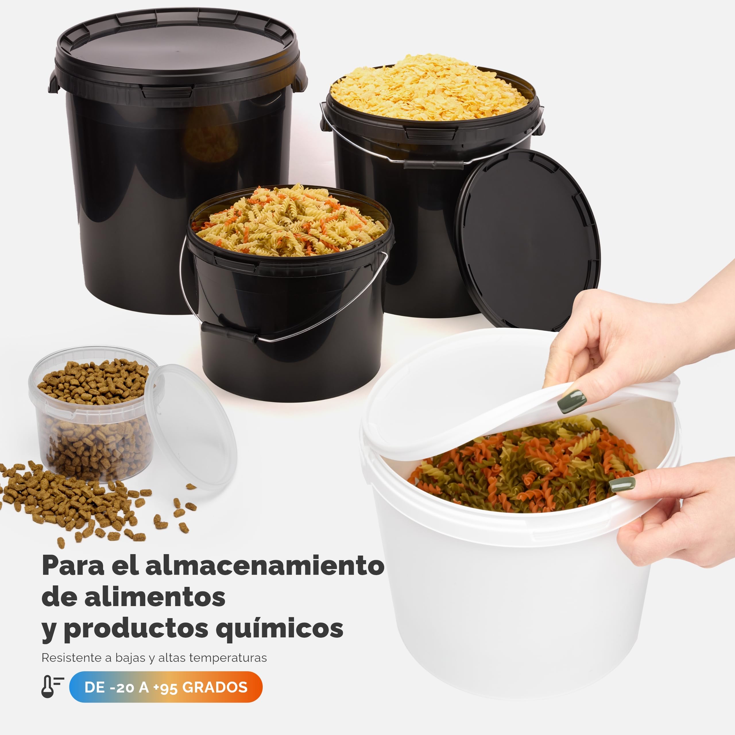 Garronda Cubos con Tapa 30L Pack de 20 para Alimentos GD-0117 Negro | Cubo resistente con tapa para almacenar productos alimenticios y químicos; práctico para hogar, industria, taller y almacén