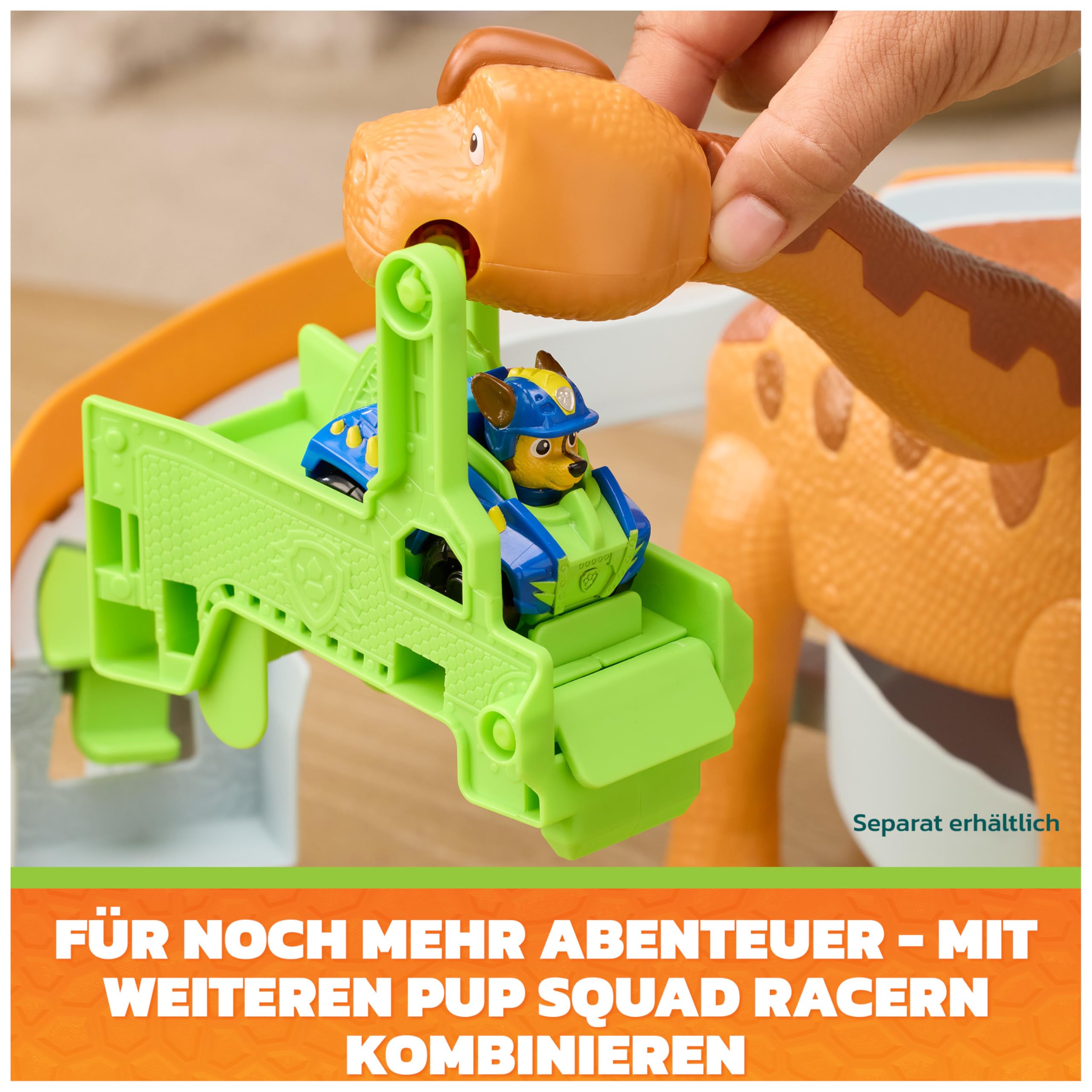 PAW PATROL: Der Dino Film, Pup Squad Lift & Race Dino Spielset mit Marshall Racer und Rhabarber-Figur, Spielzeug für Kinder ab 3 Jahren