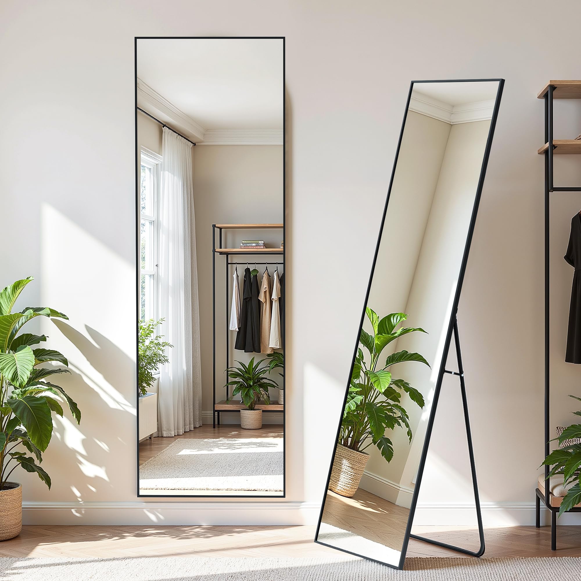 Simple Deluxe Specchio da appendere, 164 x 53 cm, specchio a figura intera per camera da letto, specchio da pavimento con supporto, cornice in alluminio, grande specchio per guardaroba, nero