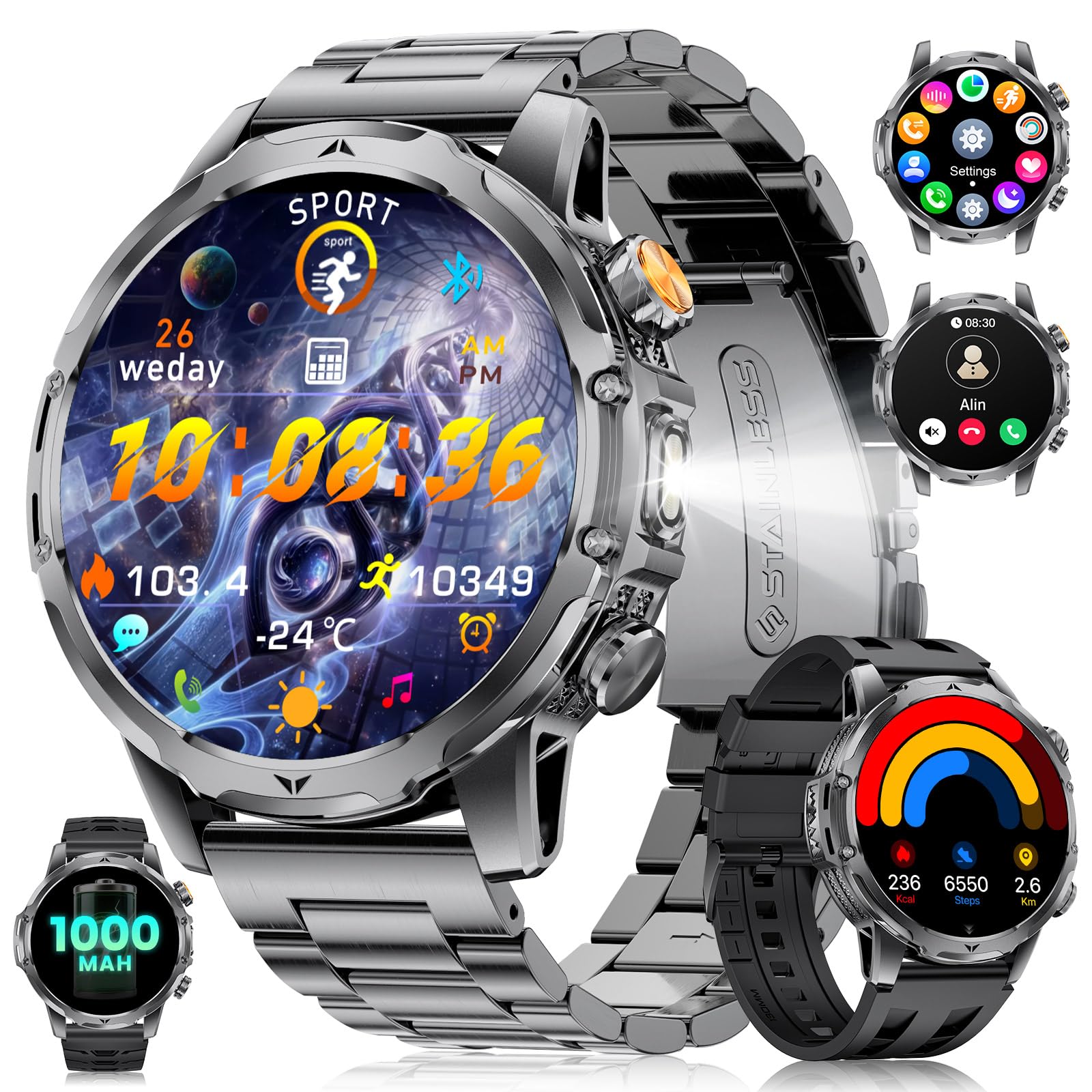 Smartwatch Herren mit 1000mAh Akku für Android iOS, 1,53" HD Großes Touchscreen Militär Smart Watch mit 24H Herzfrequenz/110 Sportmodi, IP68 Wasserdicht Taschenlampe Fitnessuhr, Schwarz