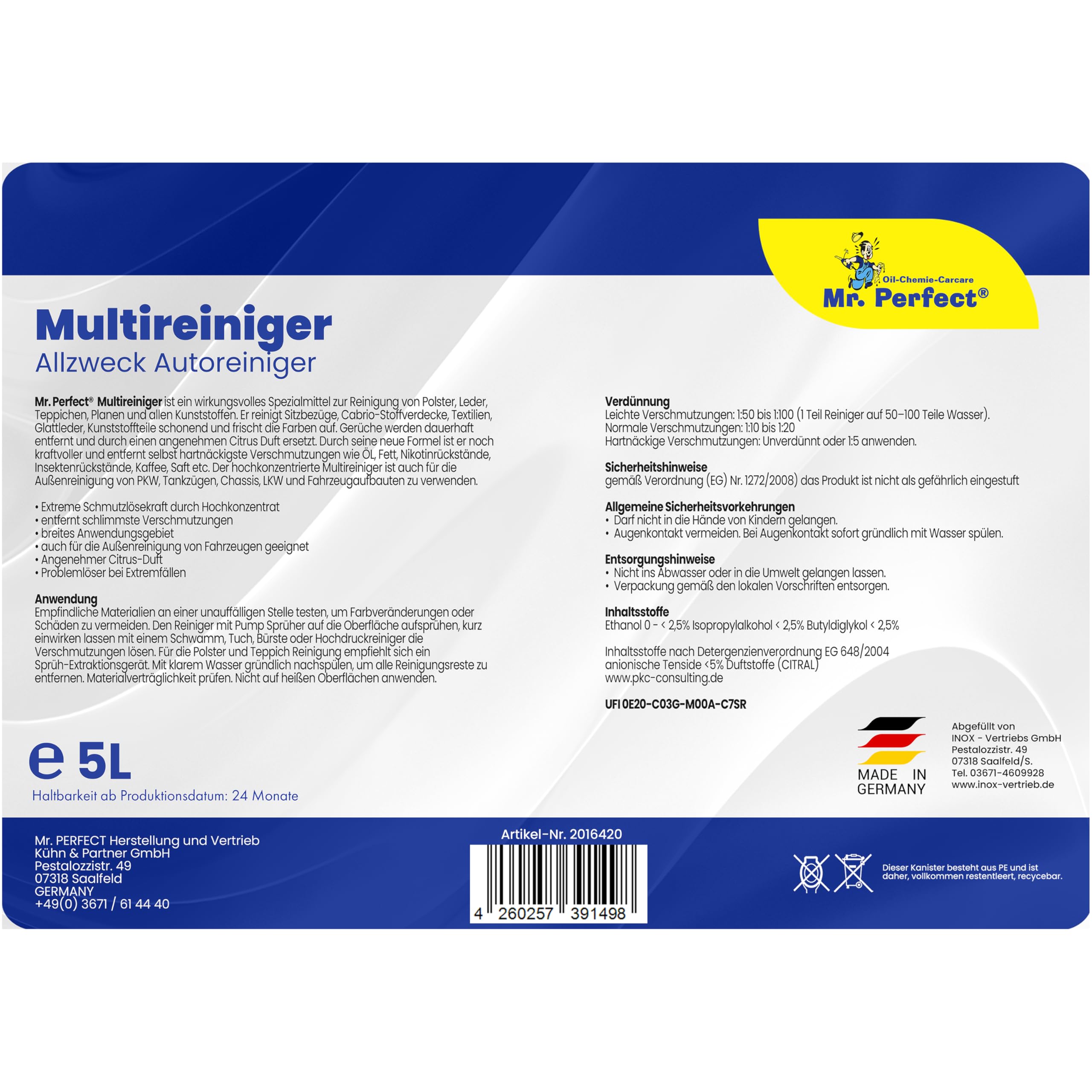 Mr. Perfect® - Multistar Multireiniger 4x 5L Konzentrat - Polsterreiniger, Teppichreiniger, Textilreiniger, Kunststoffreiniger und Autoinnenreiniger - Autoreinigung von Innen und Außen