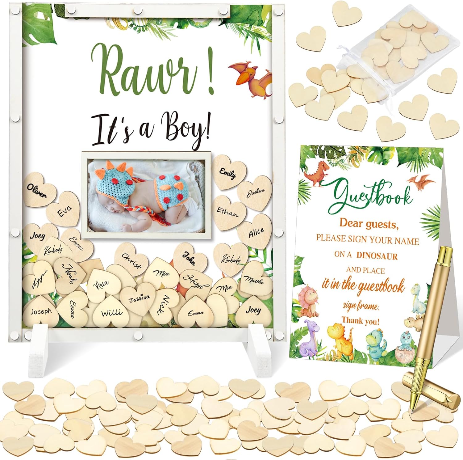 65 Pcs Wildflower Baby Shower Guest Book Alternatives Baby in Bloom Shower Decorations Sign in Guest Book with Picture Frame and 60 Wooden Chip