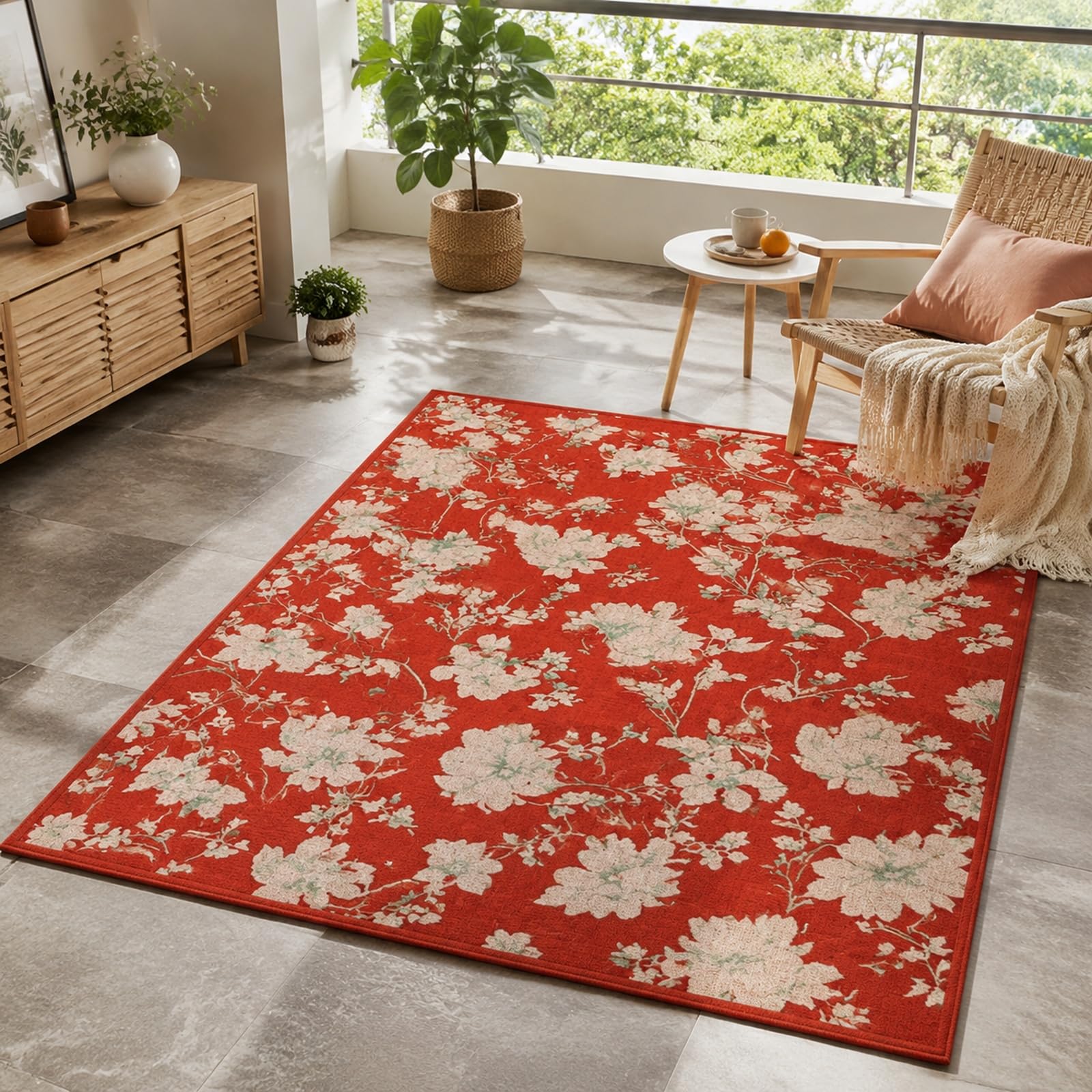 Tapis motif floral rouge et vert, grand format 200x300 cm rétro