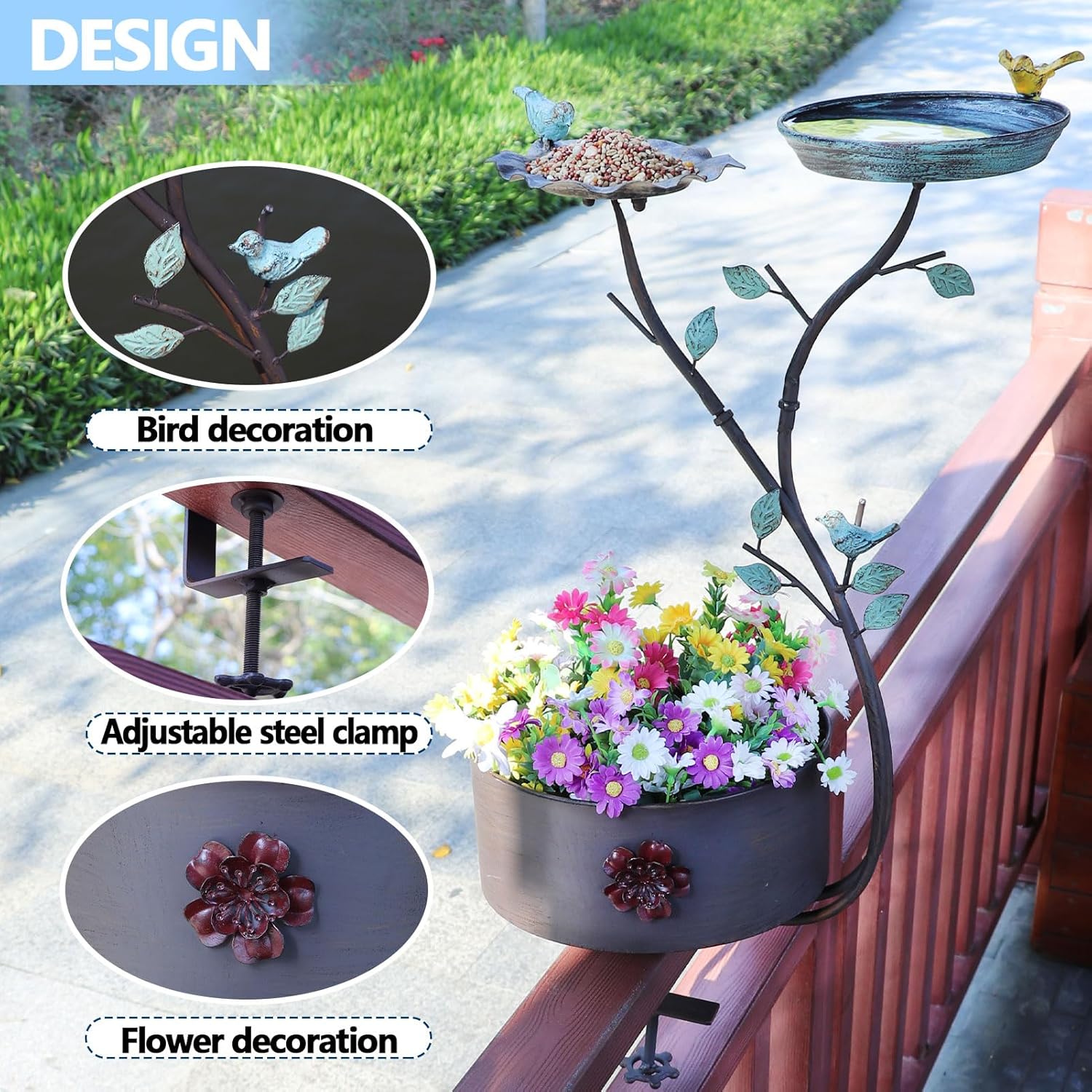 HLQMFHT Deck Bird Bath, Bird Bath and Bird Feeder, Flower Planting Pedestal, Deck Mounted Bird Bath, for Garden Balcony Patio Deck Railing Decoration