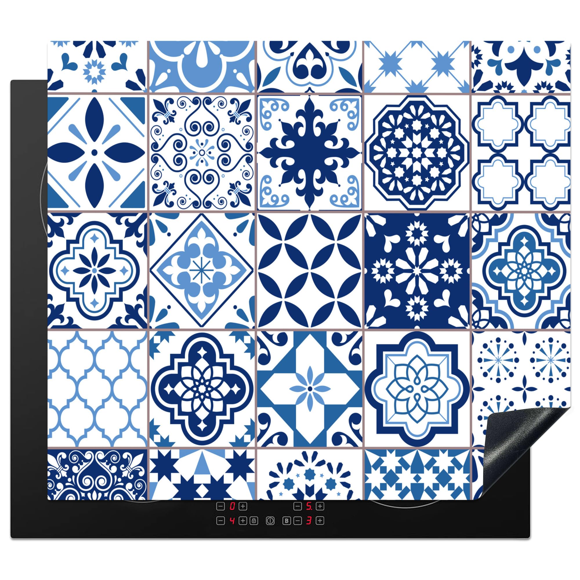 KitchenYeah© Induction Hob Cover Protector Mat 20.3"x22.7" / 57.6x51.6 cm Kitchen Universal Ceramic Covers for Electric Cookers Vinyl Mosaic - Blue - Pattern - White — image 1