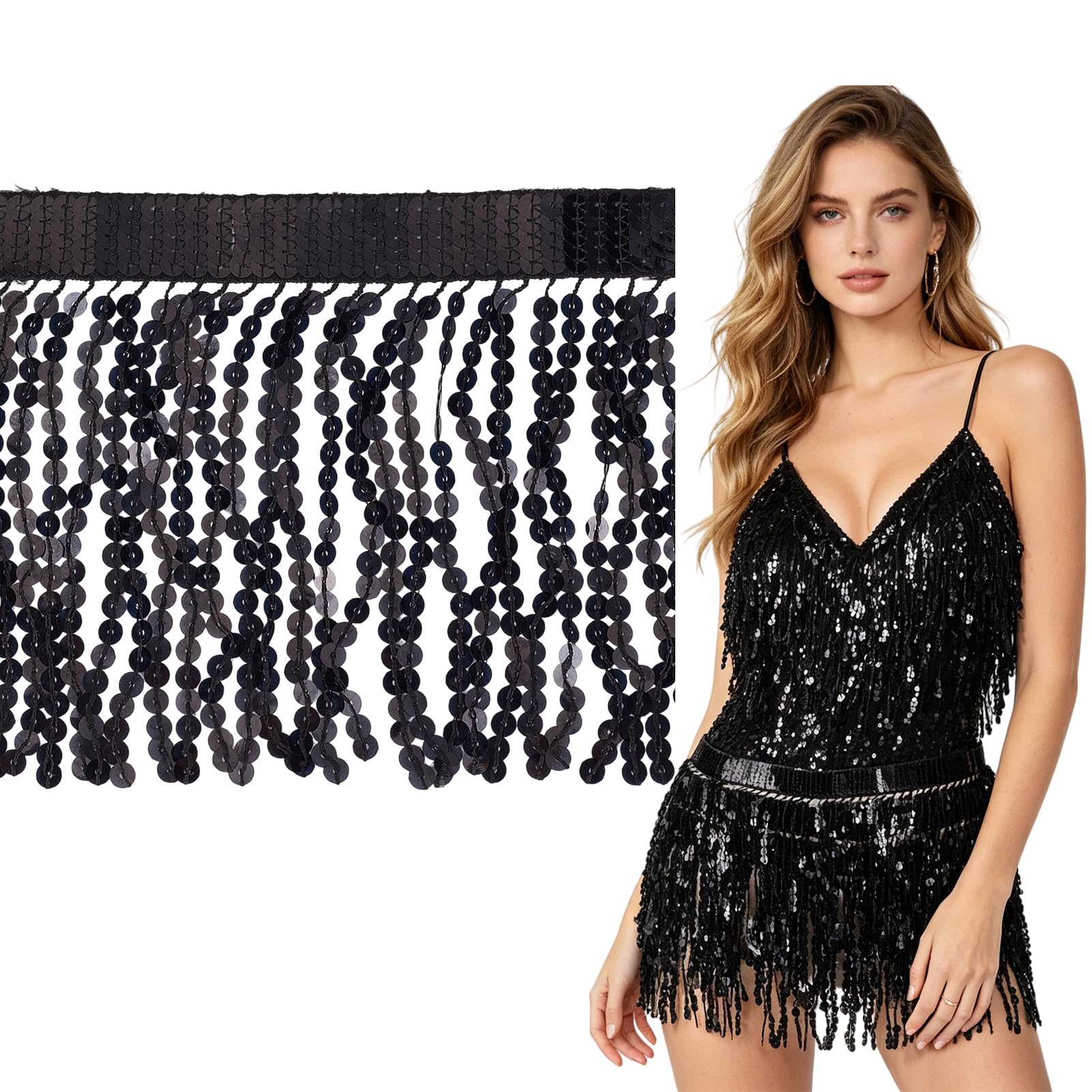 Ribete de Lentejuelas de 10 yarda Y 5.9 pulgadas, Cinta de Borlas con Lentejuelas Brillantes, Borla Decorativa de Lentejuelas Negras para Manualidades.