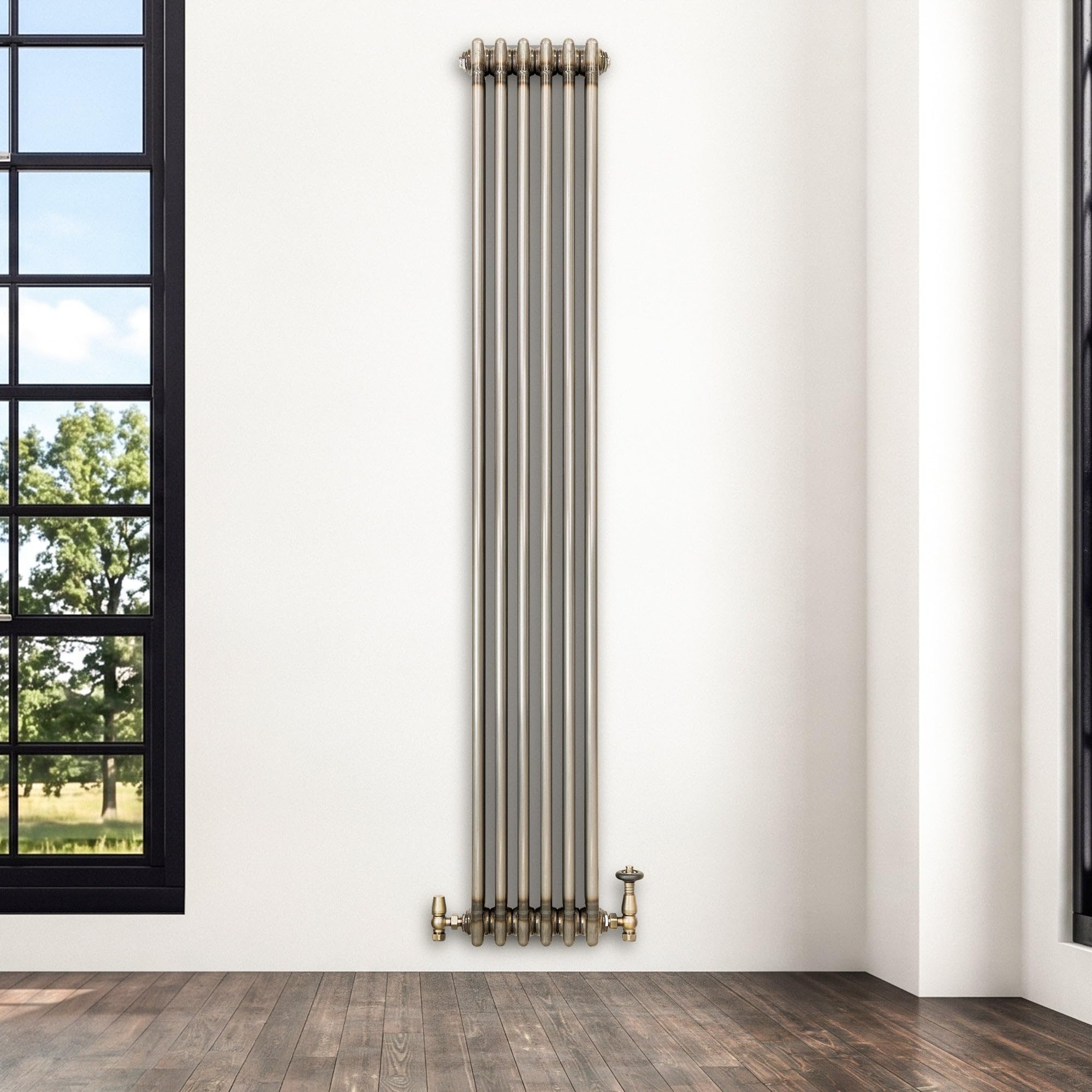 Radiador Vertical Tradicional 1800 x 290 mm 3 Columnas y Válvulas Termostáticas – Metal Crudo Estilo Industrial 1599W Incluye Soportes, Kit de Instalación y Cepillo