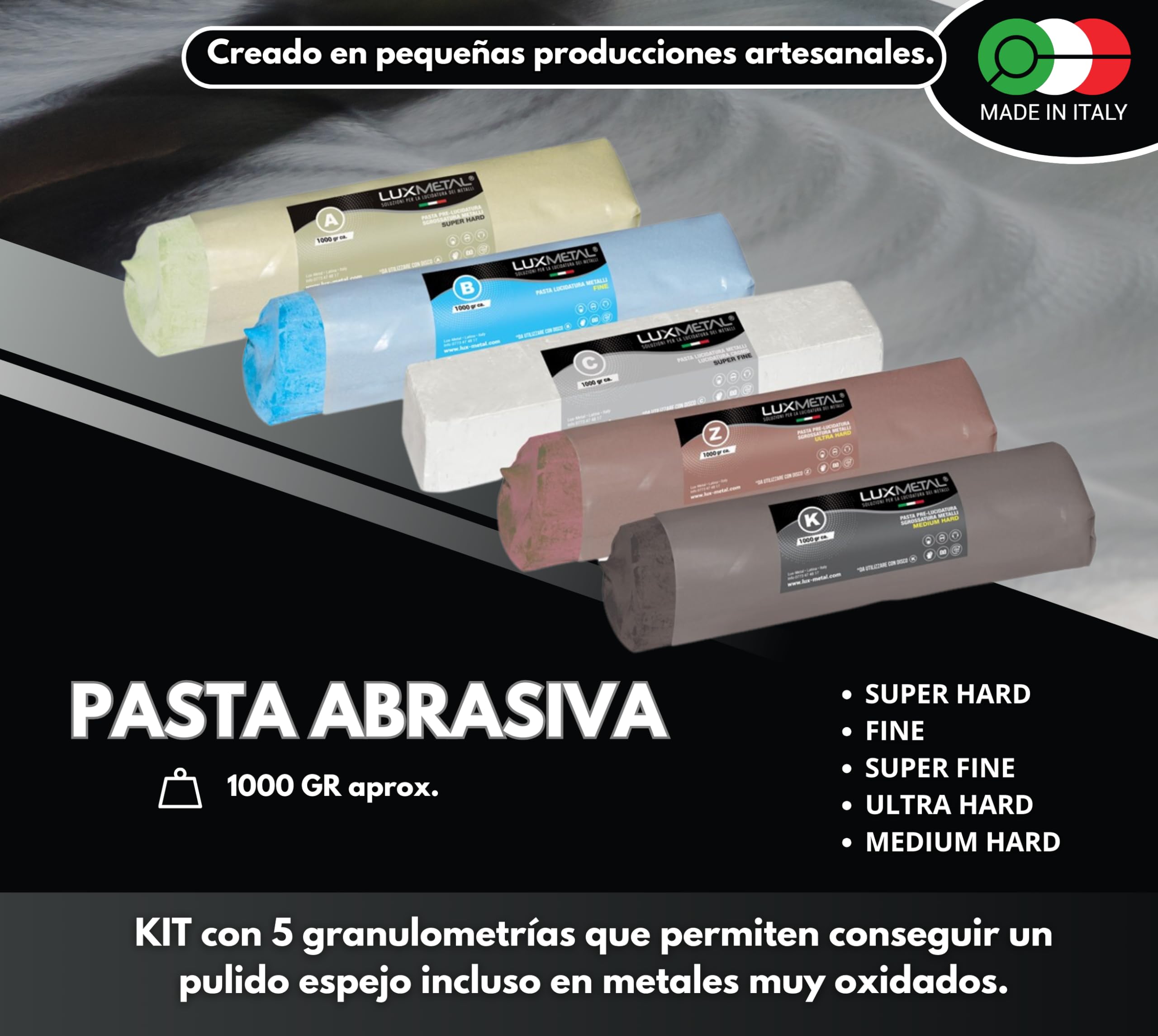 Lux Metal - Kit con 5 discos pulidos de 300 mm y 5 pasta abrasiva de 1000 gr - Ideal para pulir sobre aluminio, hierro, acero inoxidable disco pulido pasta abrasiva sólida pulir metales kit de pulido