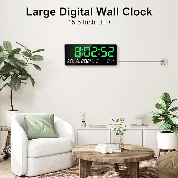 Lafocuse Large Digital Wall Clock 15.5 Inch LED Display, Green Digital Clock Powered by Cord with Remote Control, 2 Alarms, Date, Week, Temperature, Modern Electronic Clocks for Living Room Bedroom