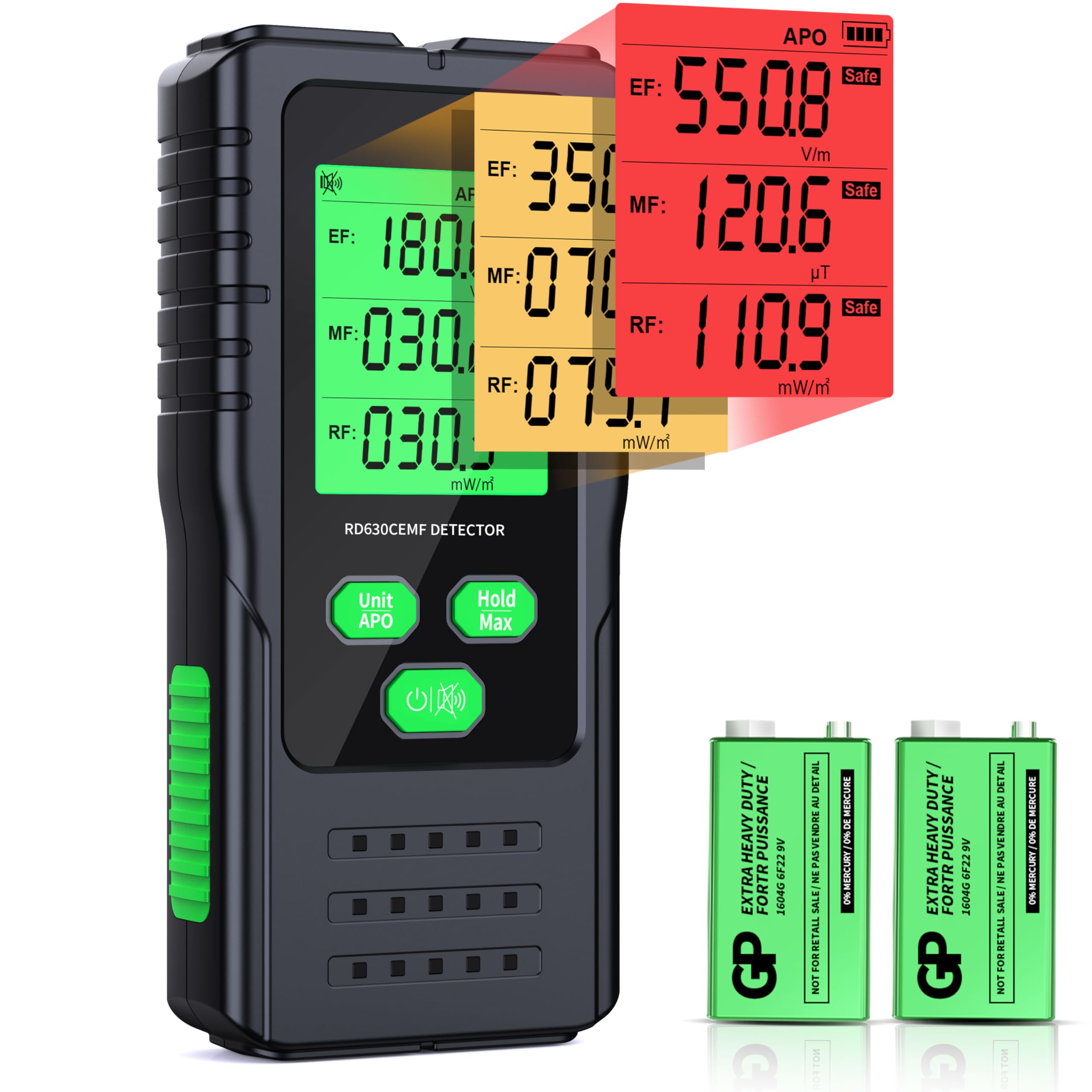 EMF Messgerät 3-in-1, YOJOCK tragbarer Strahlungsdetektor für EF, MF & RF Signale, inkl. zusätzlicher Batterie und deutscher Anleitung EMF Strahlungsmessgerät für Zuhause, Büro und Outdoor (Grün)