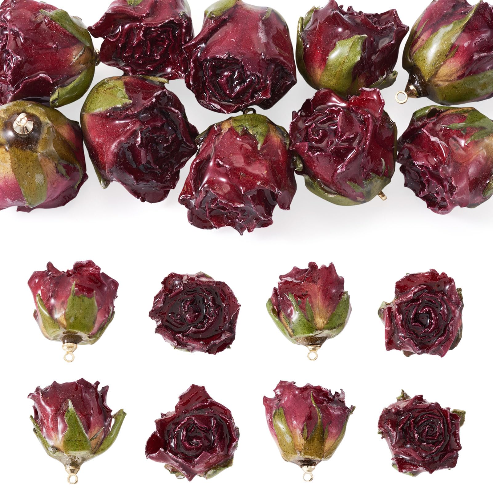 Spritewelry 10 Pcs Dried Flower Charm Natural Real Dried Rose Pendant 3D Rose Floral Hang Ornament for Valentines DIY Earring Bracelet Jewelry Making (Dark Red)