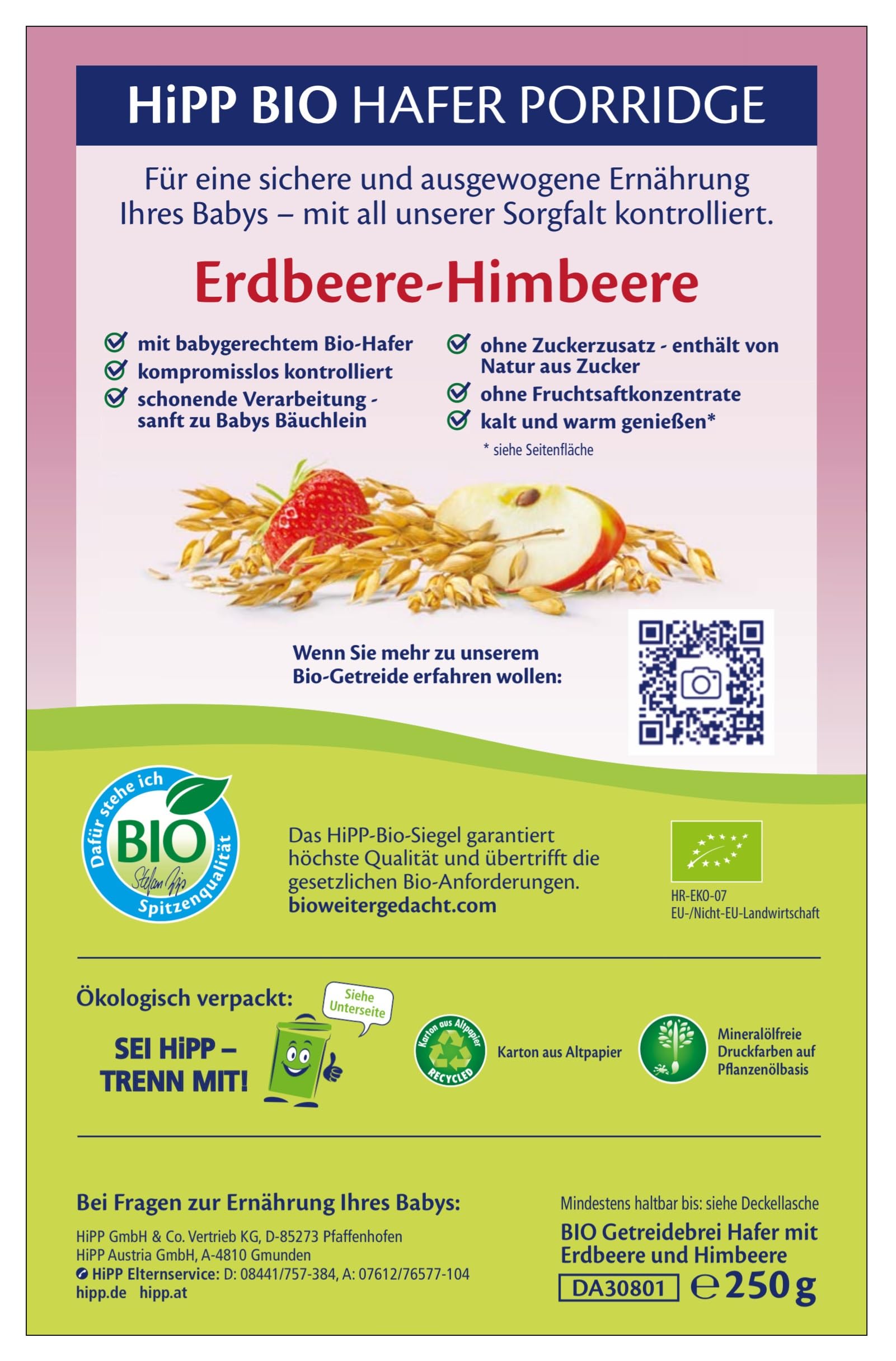 HiPP Bio Müesl Porridge Hafer Erdbeere-Himbeere (6 x 250g), ab 8. Monat, mit Bio-Hafer, Vitamin B1, ohne Zuckerzusatz, in bester Bio-Qualität
