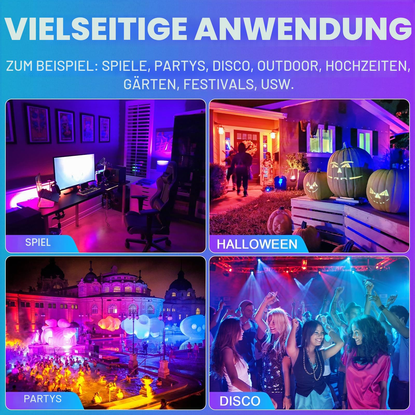 RIGIDON 4x RGB LED Strahler Fluter Außen, 200W 20000LM Smart RGBW Flutlicht | IP66 Farbwechsel Flutlichtstrahler mit APP & IR steuerung, Dimmbar Timer für Party Garten Baum Landschaft Disco Feiern Fest