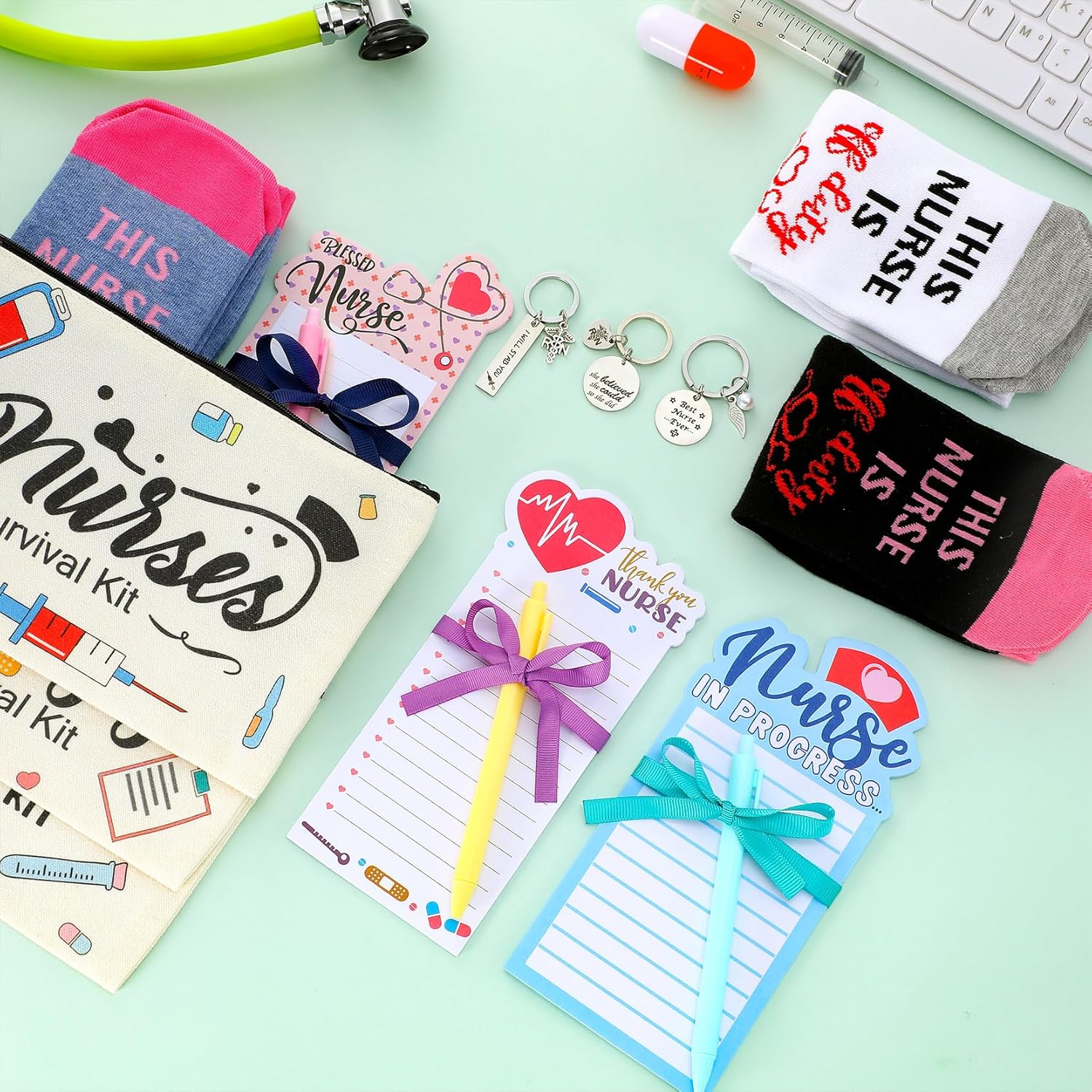 Jiuguva 36 Pcs Nurse Appreciation Gifts in Bulk 2026 Nurse Week Gifts Survival Kit Includes Socks, Makeup Cosmetic Bags, Keychains, and Notepad for Medical Doctor Assistants and Coworkers