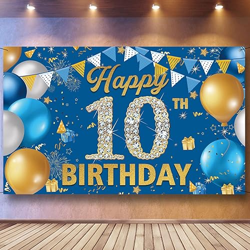 Cartel de fondo de decoración de cumpleaños número 10, decoración de feliz cumpleaños 10 para niños, fondo de fotografía de cumpleaños azul, cartel
