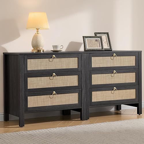 Miniatura 10 de SICOTAS Juego de 2 mesitas de noche, cajón decorativo de ratán con perillas de latón, mesita de noche, mesas auxiliares bohemias con estante de